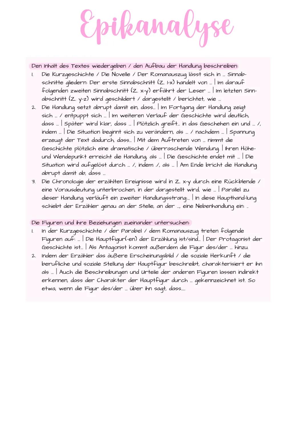 --- OCR Start ---
Epikanalyse
Einleitung: Autor, Titel, Textsorte, Entstehungszeit/ Epoche, Thema des gesamten Romans
dann Thema des vorlieg
