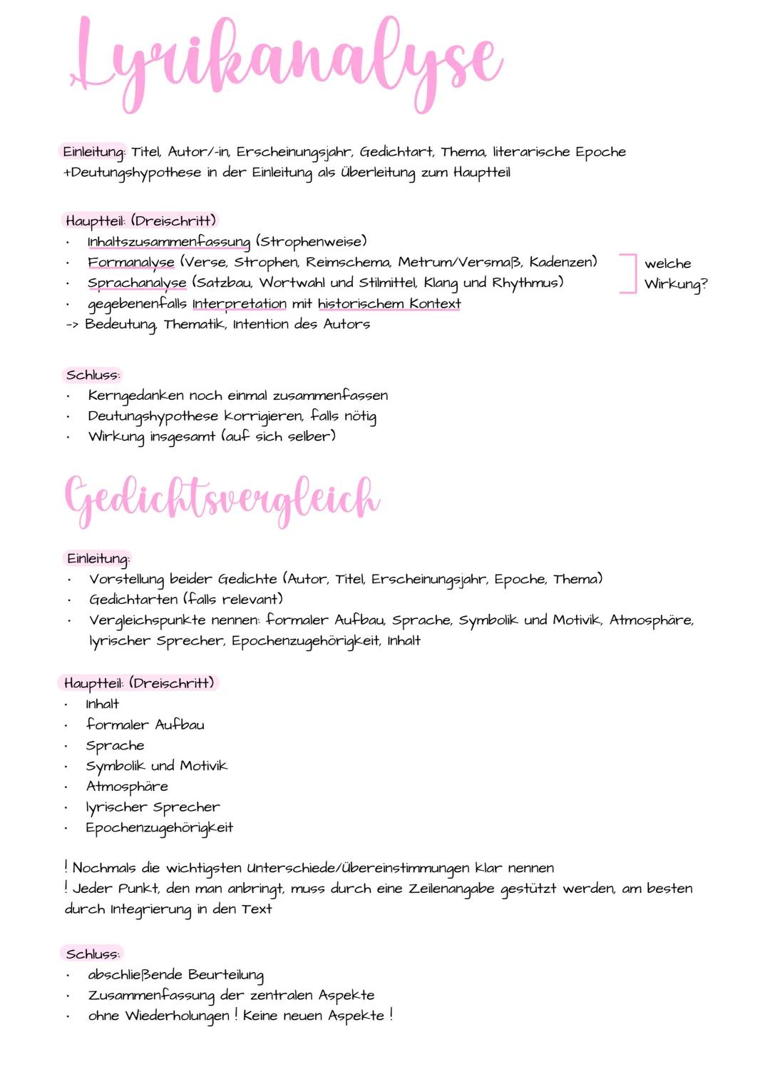 Lyrikanalyse
Einleitung: Titel, Autor/-in, Erscheinungsjahr, Gedichtart, Thema, literarische Epoche
+Deutungshypothese in der Einleitung als