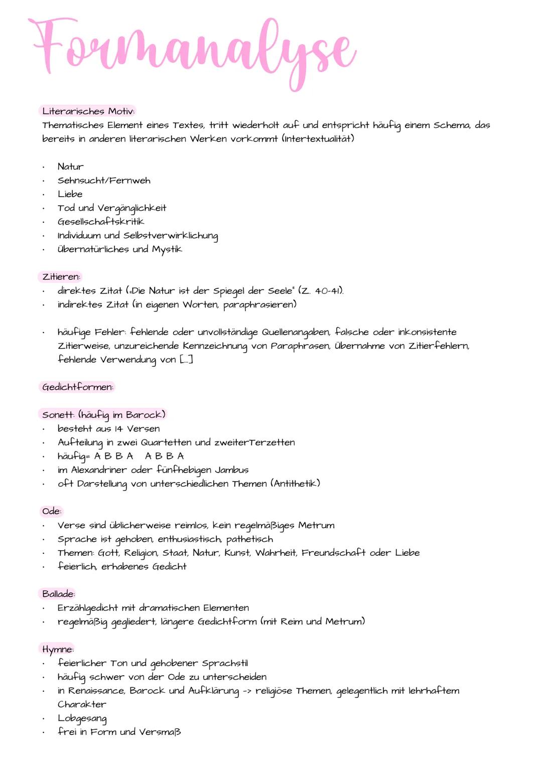 Lyrikanalyse
Einleitung: Titel, Autor/-in, Erscheinungsjahr, Gedichtart, Thema, literarische Epoche
+Deutungshypothese in der Einleitung als