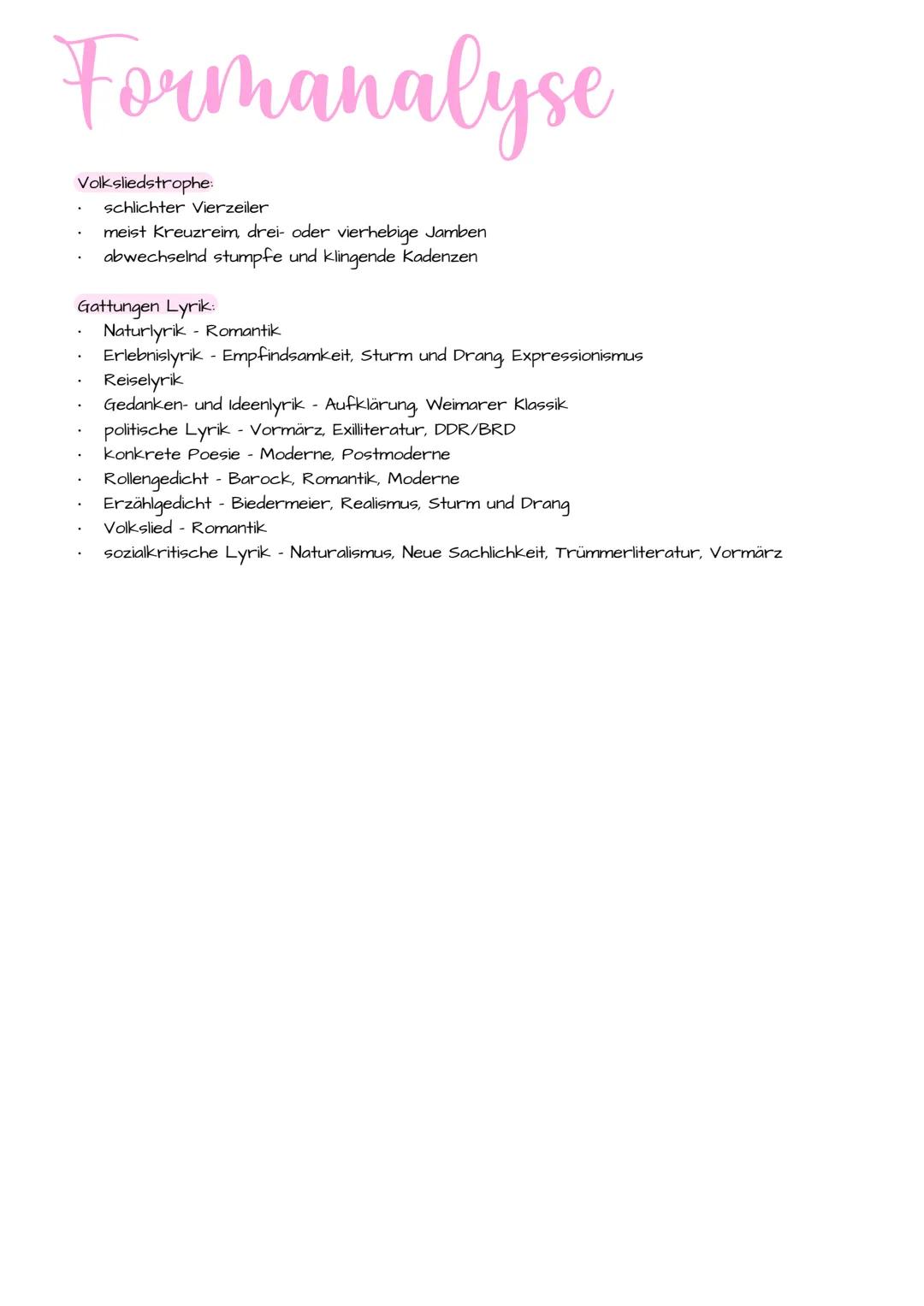 Lyrikanalyse
Einleitung: Titel, Autor/-in, Erscheinungsjahr, Gedichtart, Thema, literarische Epoche
+Deutungshypothese in der Einleitung als