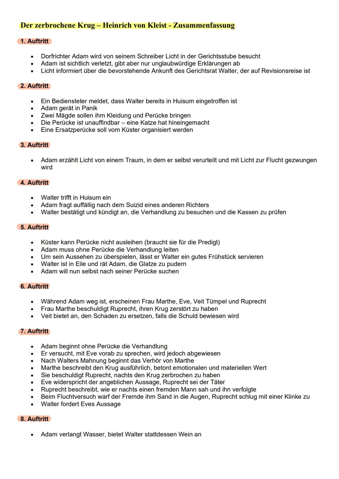 Der zerbrochene Krug - Heinrich von Kleist - Zusammenfassung
1. Auftritt
* Dorfrichter Adam wird von seinem Schreiber Licht in der Gerichtss