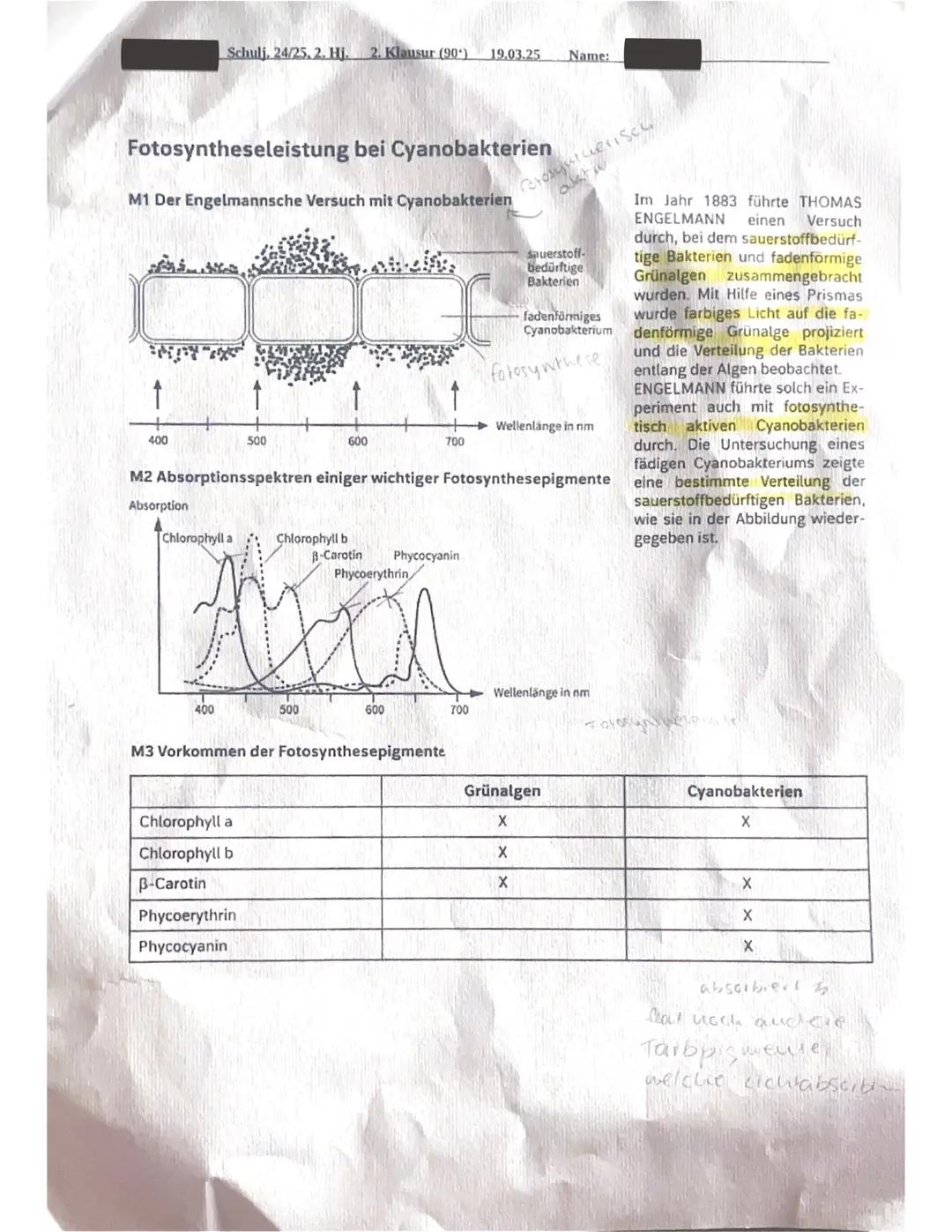 --- OCR Start ---
Schulj. 24/25, 2. Hj. 2. Klausur (90') 19.03.25 Name:
Fotosynthese
Aufgabe 1: Fotosyntheseleistung bei Cyanobakterien
1/1