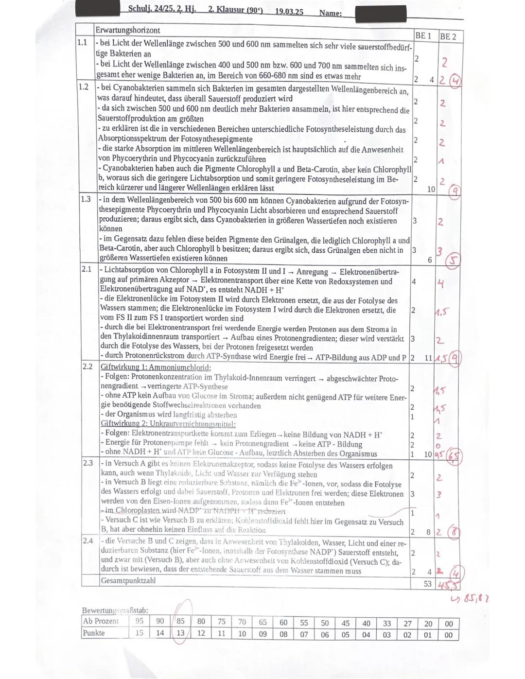--- OCR Start ---
Schulj. 24/25, 2. Hj. 2. Klausur (90') 19.03.25 Name:
Fotosynthese
Aufgabe 1: Fotosyntheseleistung bei Cyanobakterien
1/1