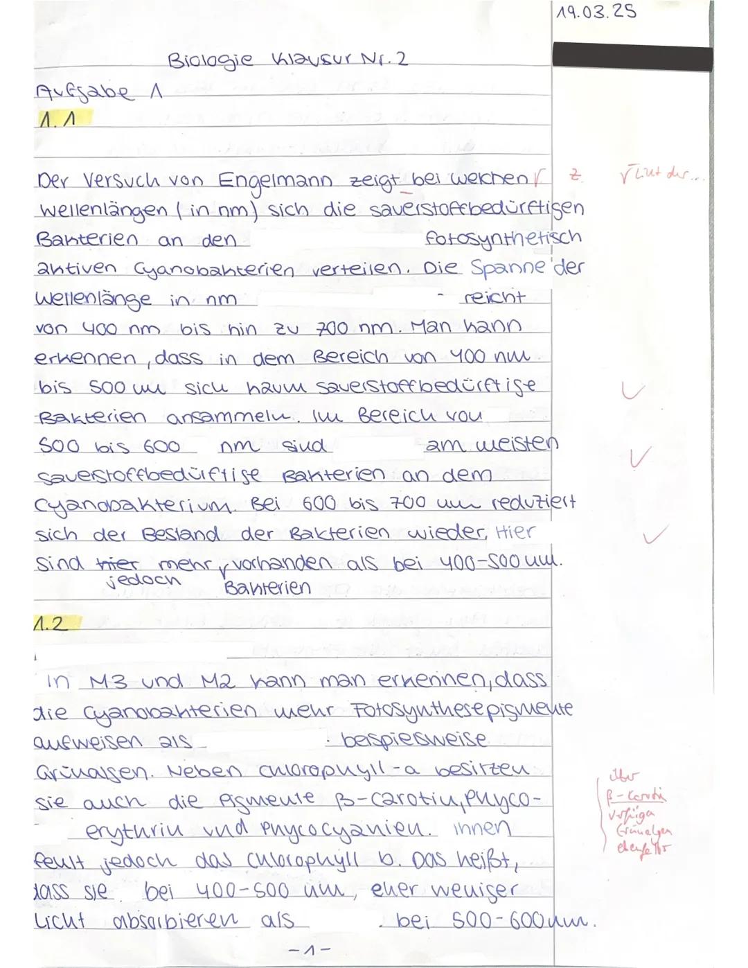 --- OCR Start ---
Schulj. 24/25, 2. Hj. 2. Klausur (90') 19.03.25 Name:
Fotosynthese
Aufgabe 1: Fotosyntheseleistung bei Cyanobakterien
1/1