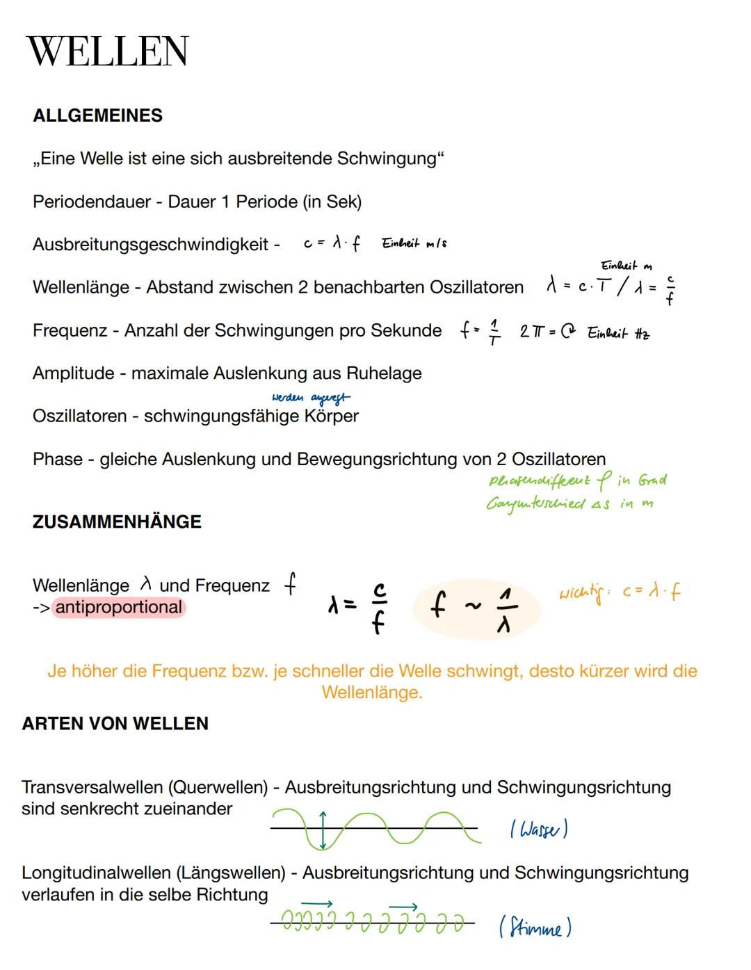 WELLEN
ALLGEMEINES
„Eine Welle ist eine sich ausbreitende Schwingung"
Periodendauer - Dauer 1 Periode (in Sek)
Ausbreitungsgeschwindigkeit -