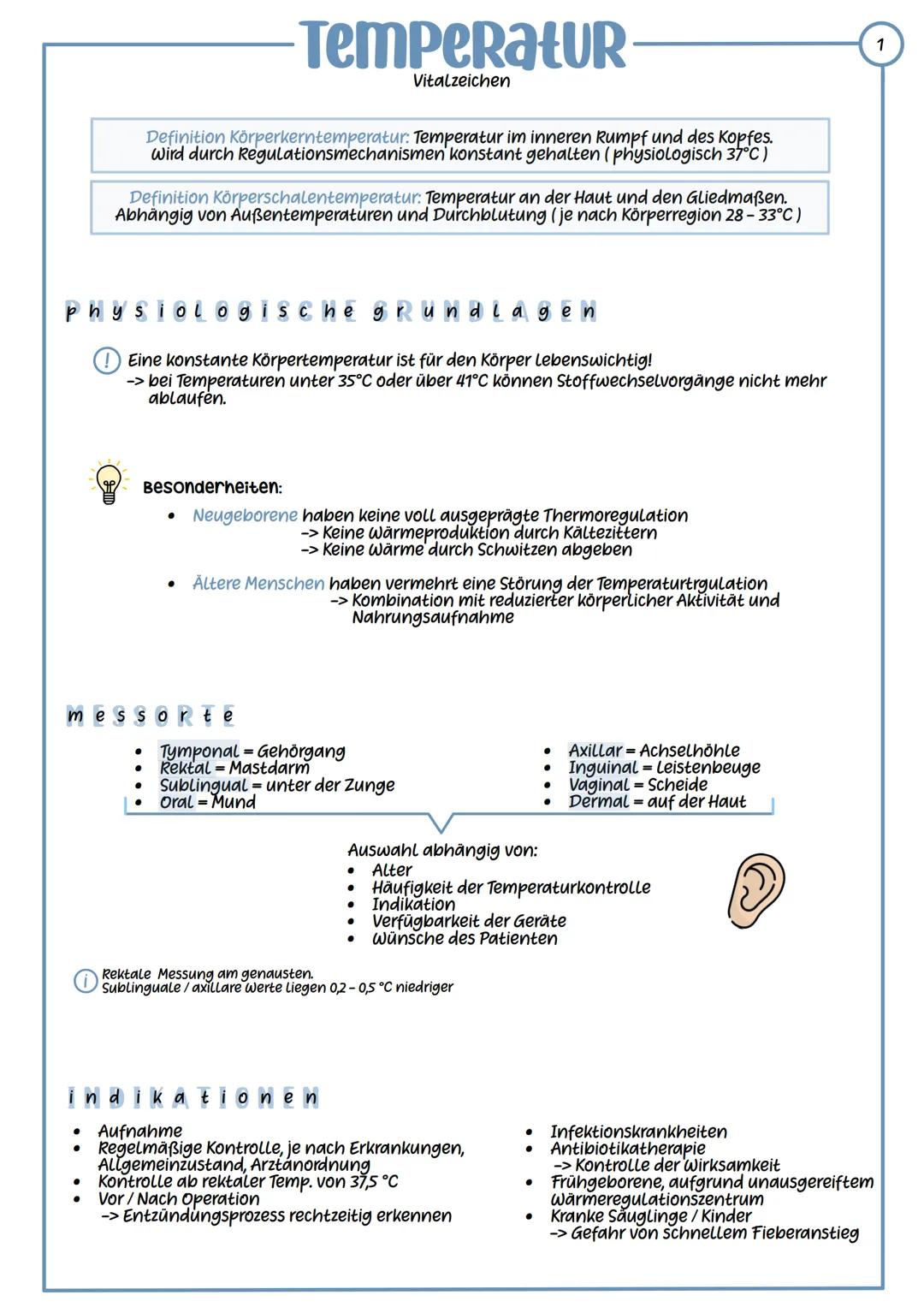 --- OCR Start ---
TemperaturR
Vitalzeichen
Definition Körperkerntemperatur: Temperatur im inneren Rumpf und des Kopfes.
Wird durch Regulatio