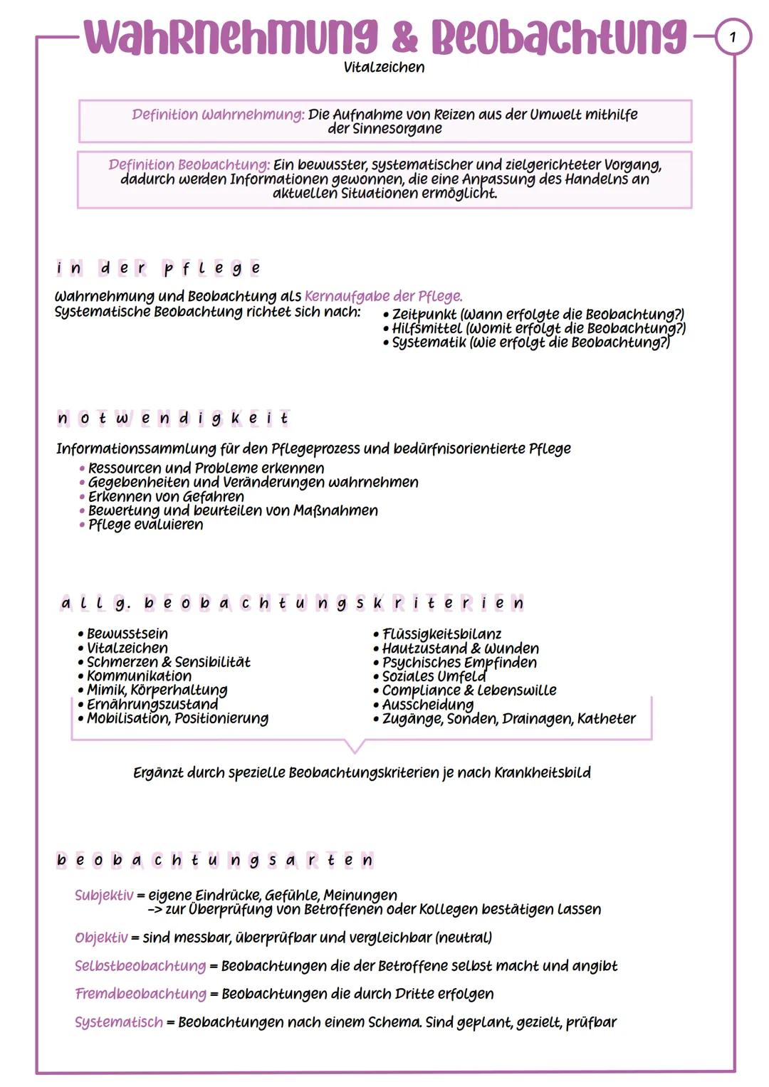 --- OCR Start ---
Wahrnehmung & Beobachtung
Vitalzeichen
Definition Wahrnehmung: Die Aufnahme von Reizen aus der Umwelt mithilfe
der Sinneso