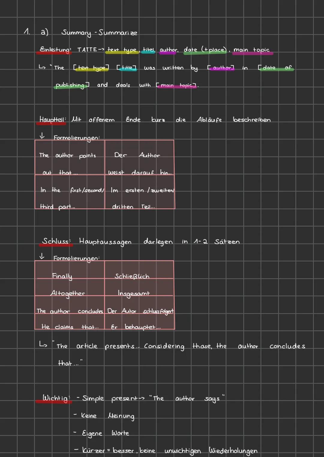 Summary , summarize Englisch