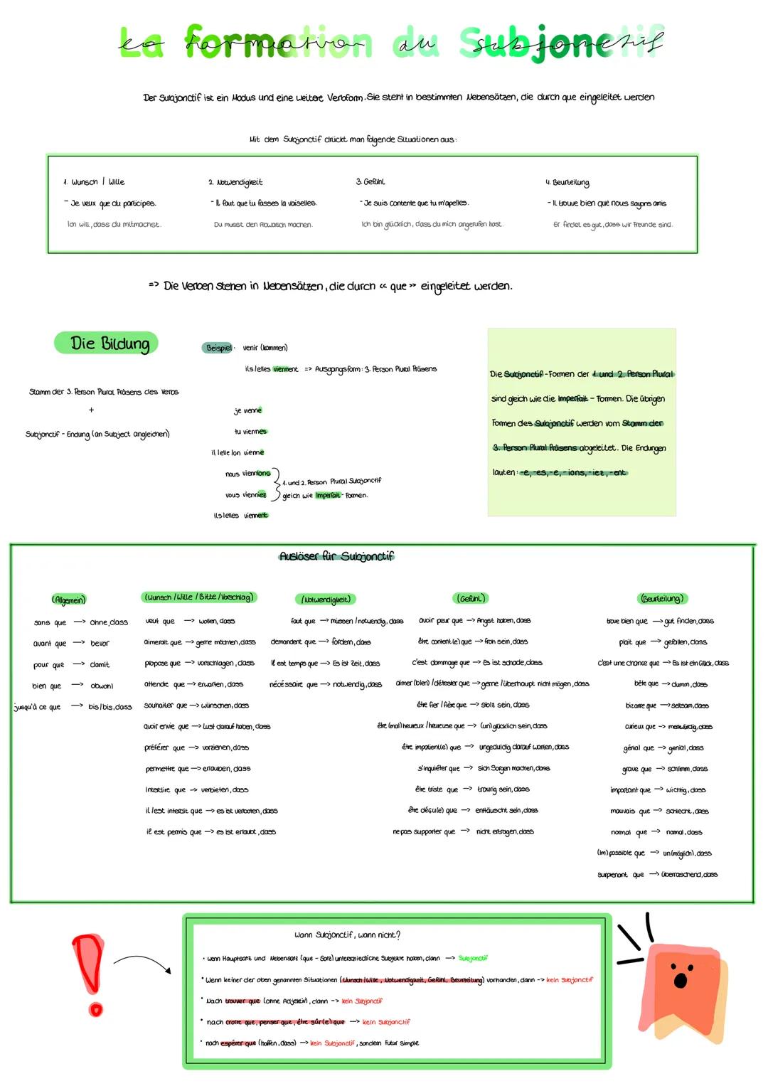 # La formation du Subjonctif
Der Subjonctif ist ein Modus und eine weitere Verbform. Sie steht in bestimmten Nebensätzen, die durch *que* e