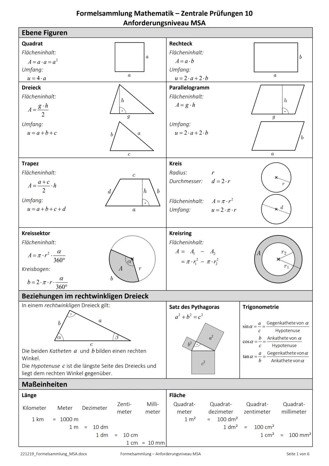 Mathe Formelsammlung - MSA