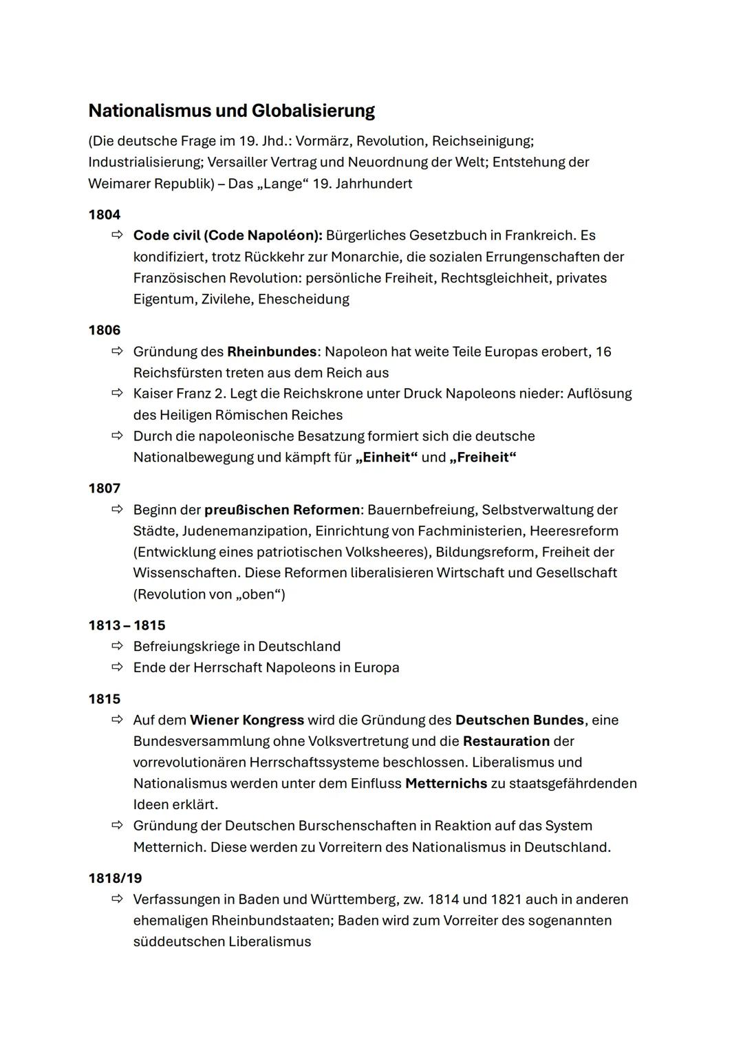 Nationalismus und Globalisierung
(Die deutsche Frage im 19. Jhd.: Vormärz, Revolution, Reichseinigung;
Industrialisierung; Versailler Vertra