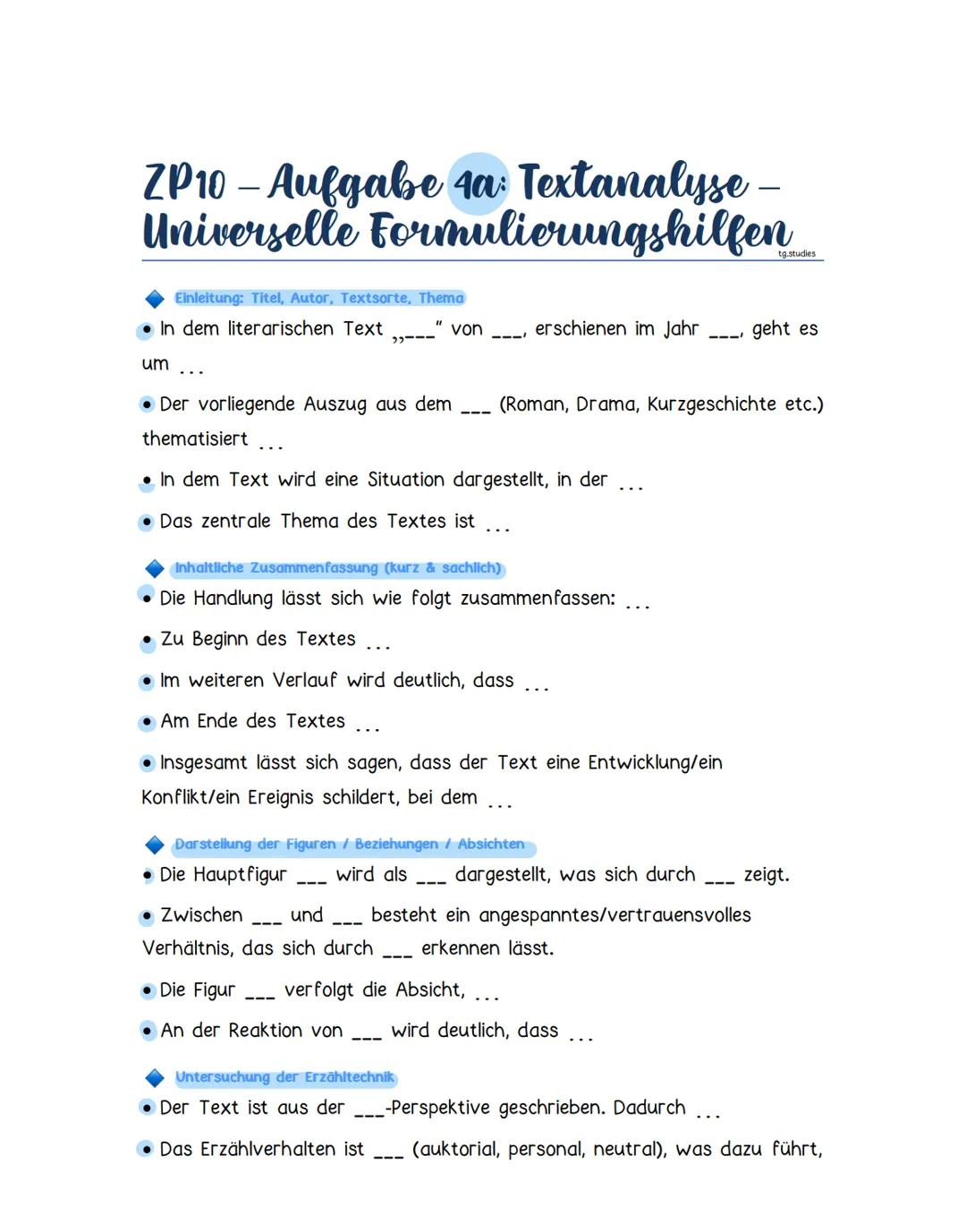 ZP10 Deutsch (Text) Analyse – Formulierungshilfen für Einleitung, Hauptteil & Schluss