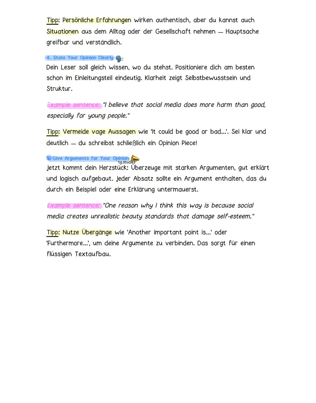 How to Write an Opinion Piece
Step-by-Step mit Beispielen & Formulierungen
1. Cover Important Points
tg.studies
Du solltest sicherstellen, d