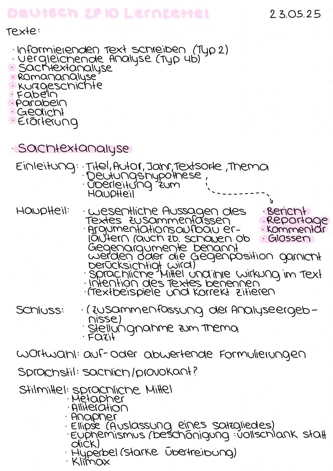 Deutsch ZP10 Lernzettel