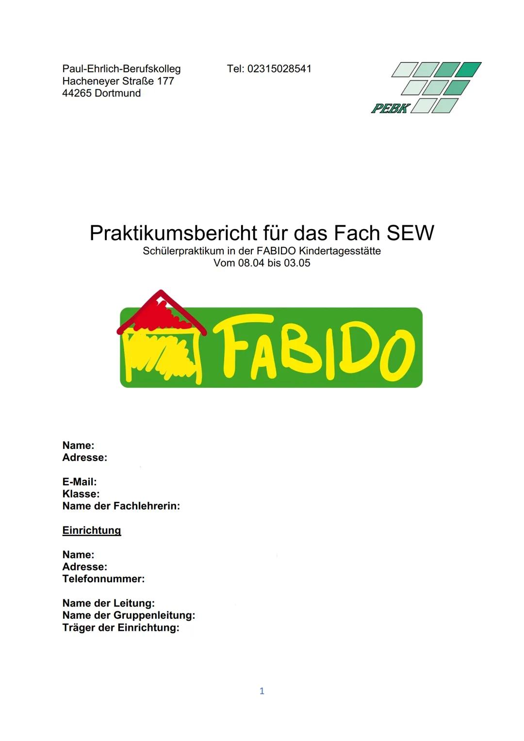 # Paul-Ehrlich-Berufskolleg
Hacheneyer Straße 177
44265 Dortmund
Tel: 02315028541
# Praktikumsbericht für das Fach SEW
Schülerpraktikum in