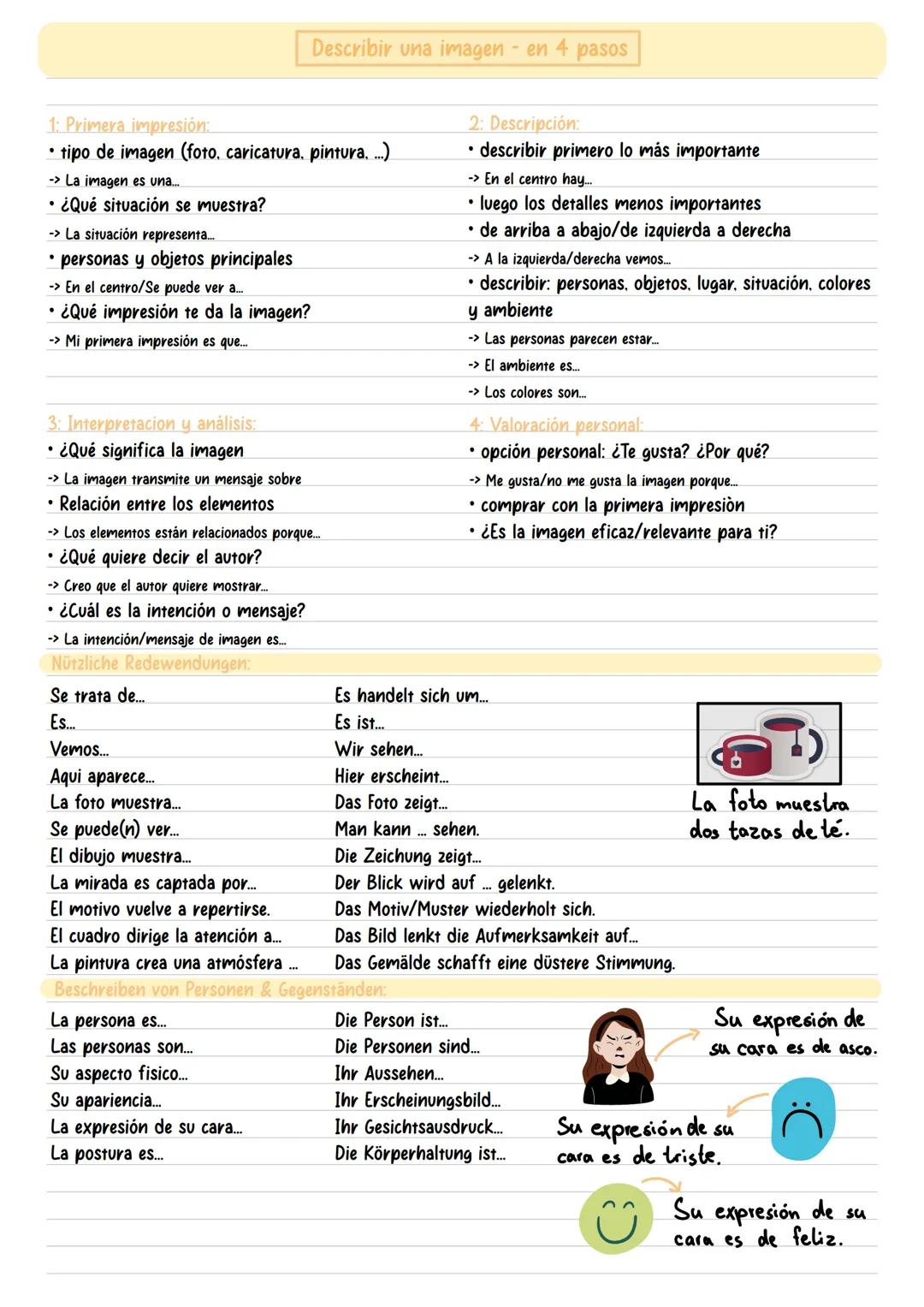 1: Primera impresión:
Describir una imagen en 4 pasos
• tipo de imagen (foto, caricatura, pintura....)
-> La imagen es una....
• ¿Qué situac