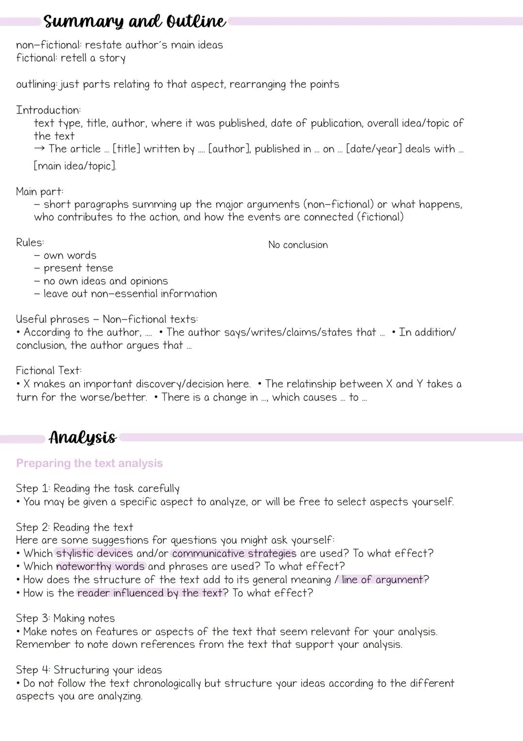 Englisch Abitur SH
2025 text types # Summary and Outline
non-fictional: restate author's main ideas
fictional: retell a story
outlining: ju