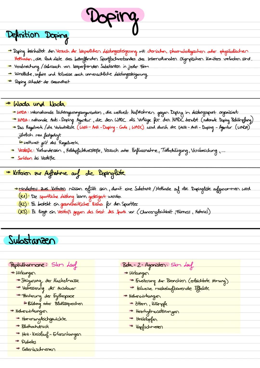 Definition Doping
Doping
→Doping beinhaltet den Versuch der körperlichen Leistungssteigerung mit chorischon, pharmakologischen oder physikal