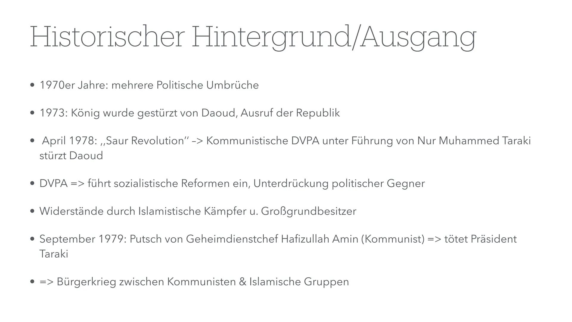 Afghanistan Krieg
(1979-1989) Inhaltsverzeichnis
• Allgemeine Informationen
• Historischer Hintergrund/Ausgang
• Kriegsverlauf
• Kriegsende