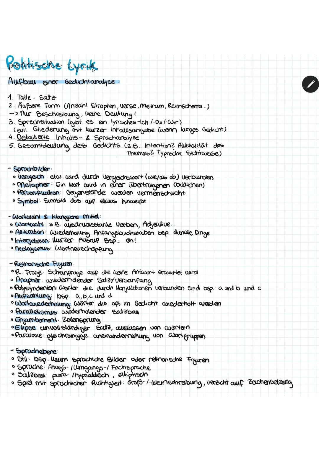 # Politische Lyrik
# Aufbau einer Gedichtanalyse:
1. Titel - Satz
2. Äußere Form (Anzahl Strophen, Verse, Metrum, Reimschema...)
-> Nur Be