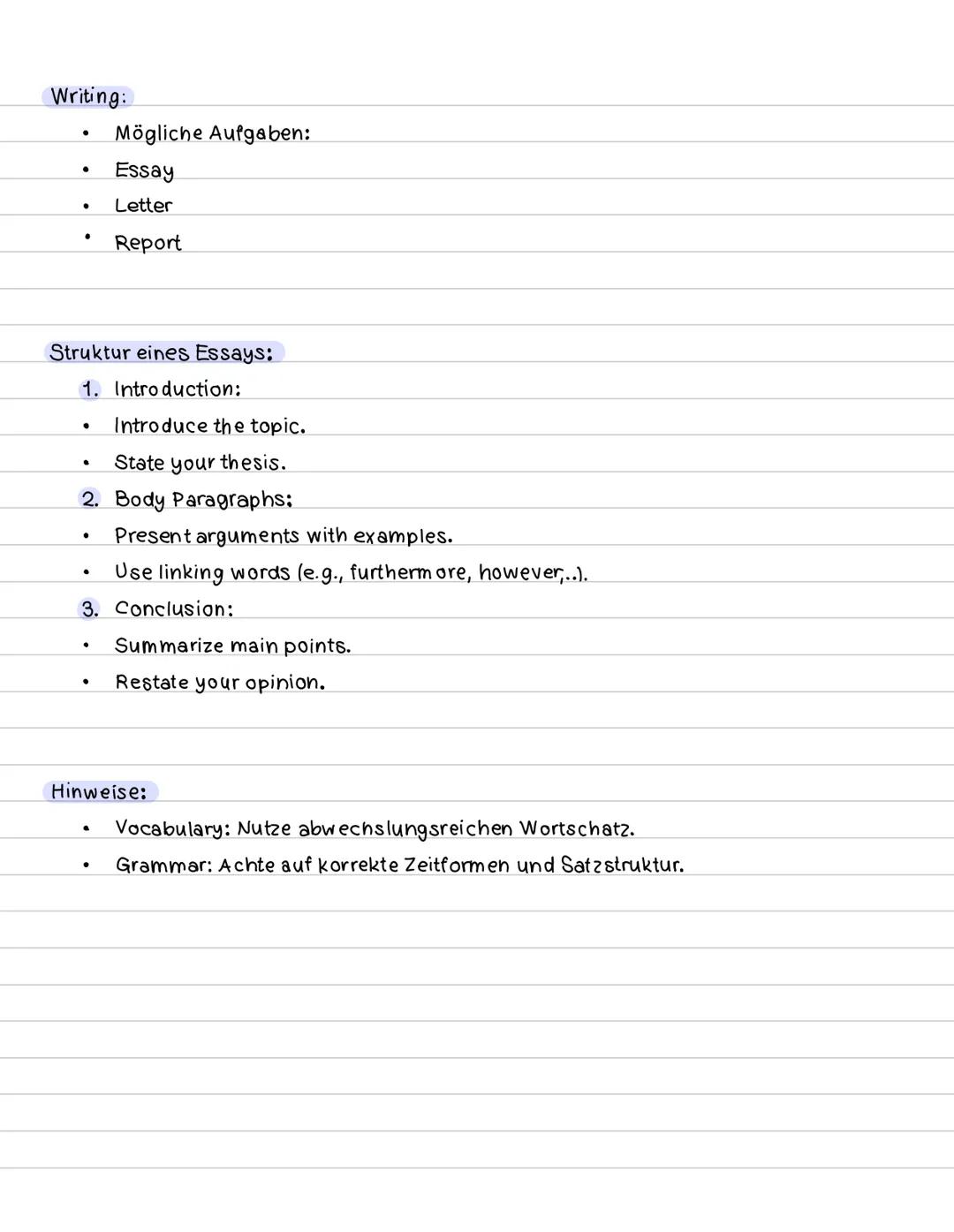 Englisch-ZP10 Lernzettel
Prüfungsteil 1: Listening Comprehension
Aufgabenformate:
- Multiple-Choice-Fragen
- Kurzantworten
- Zuordnungsaufga