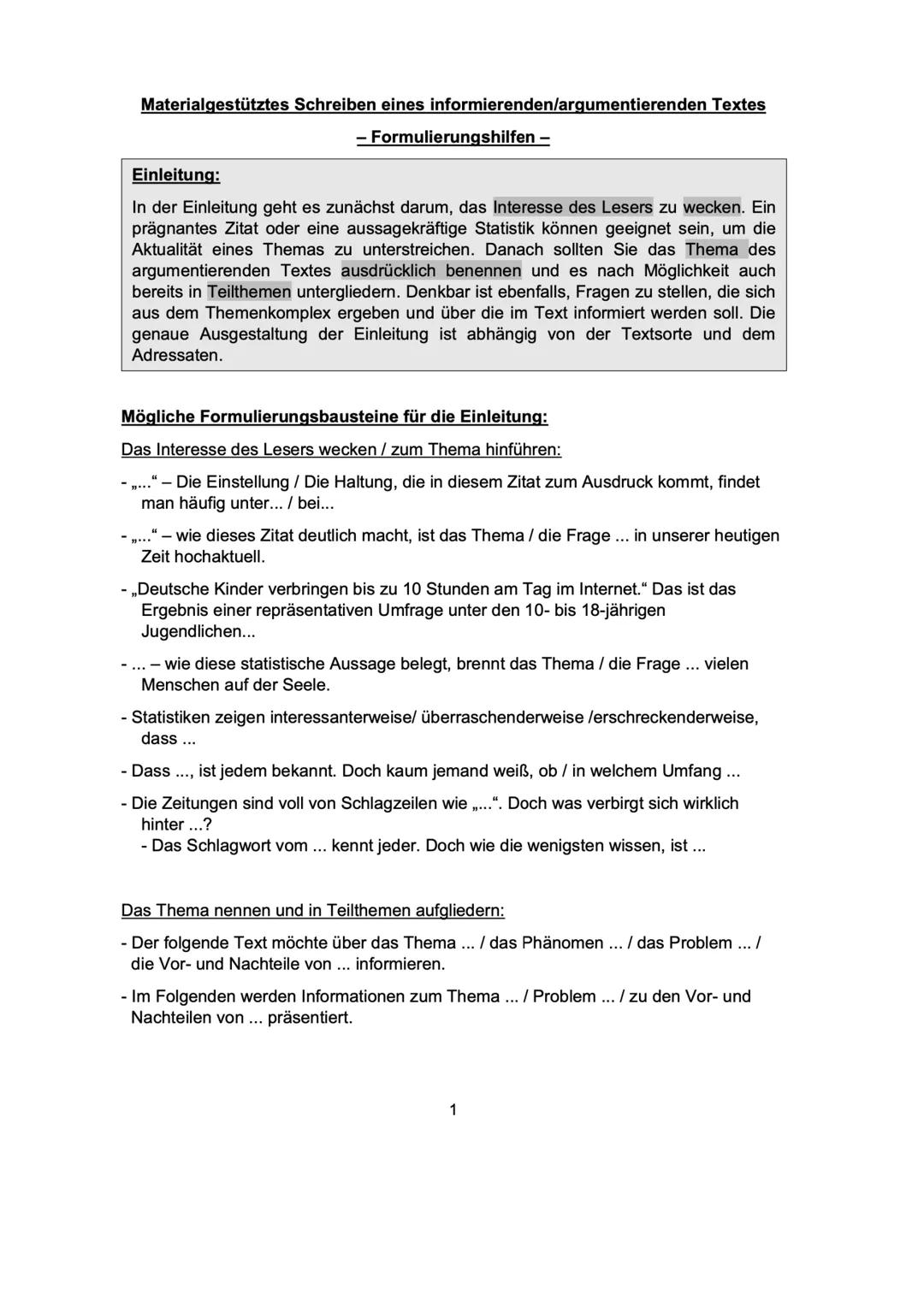 Formulierungstipps materialgestütztes Schreiben