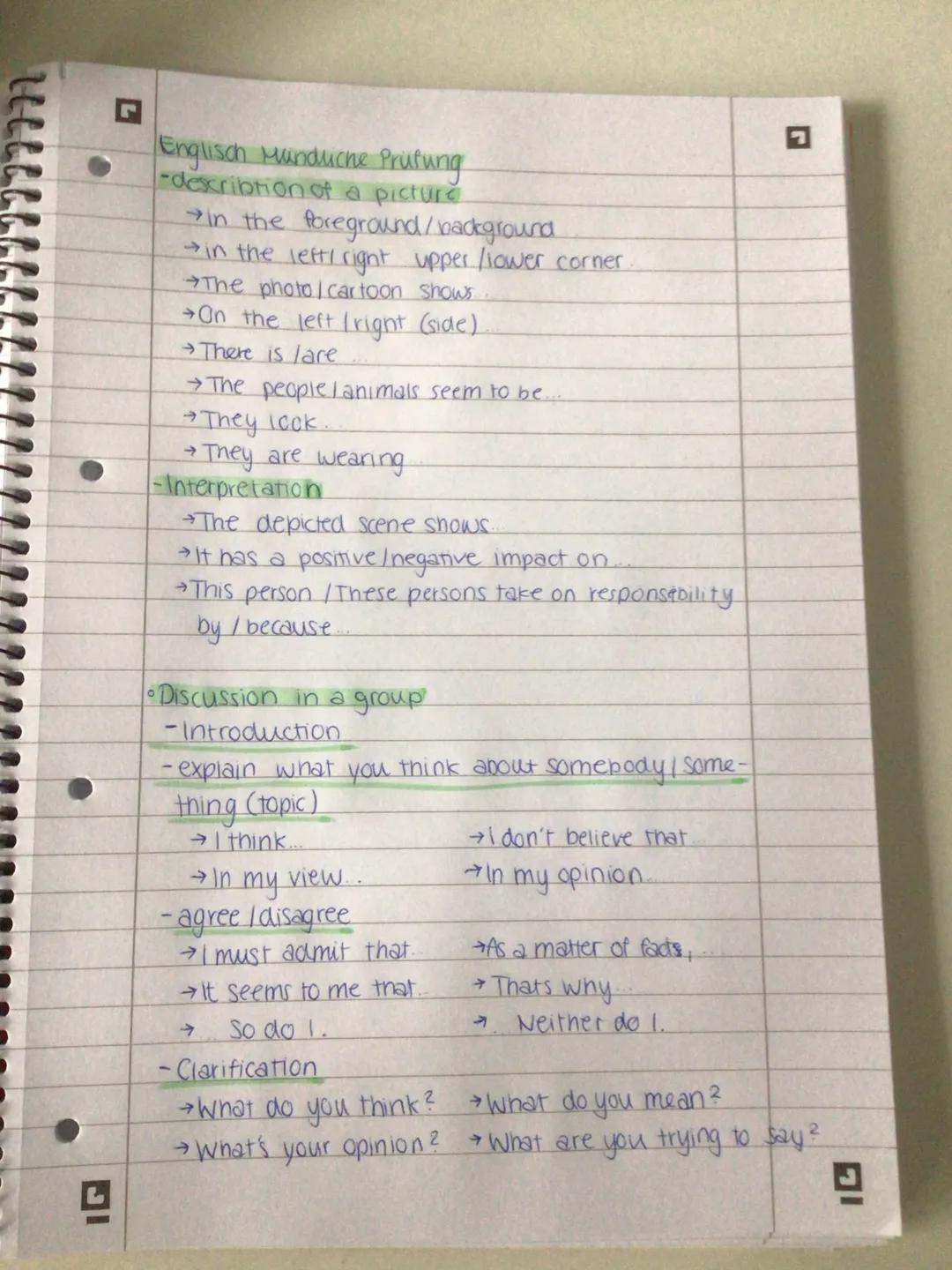 Englisch Mundliche Prufung
-describtion of a picture
→in the foreground/background
→in the left/right upper / lower corner.
→The photo/carto