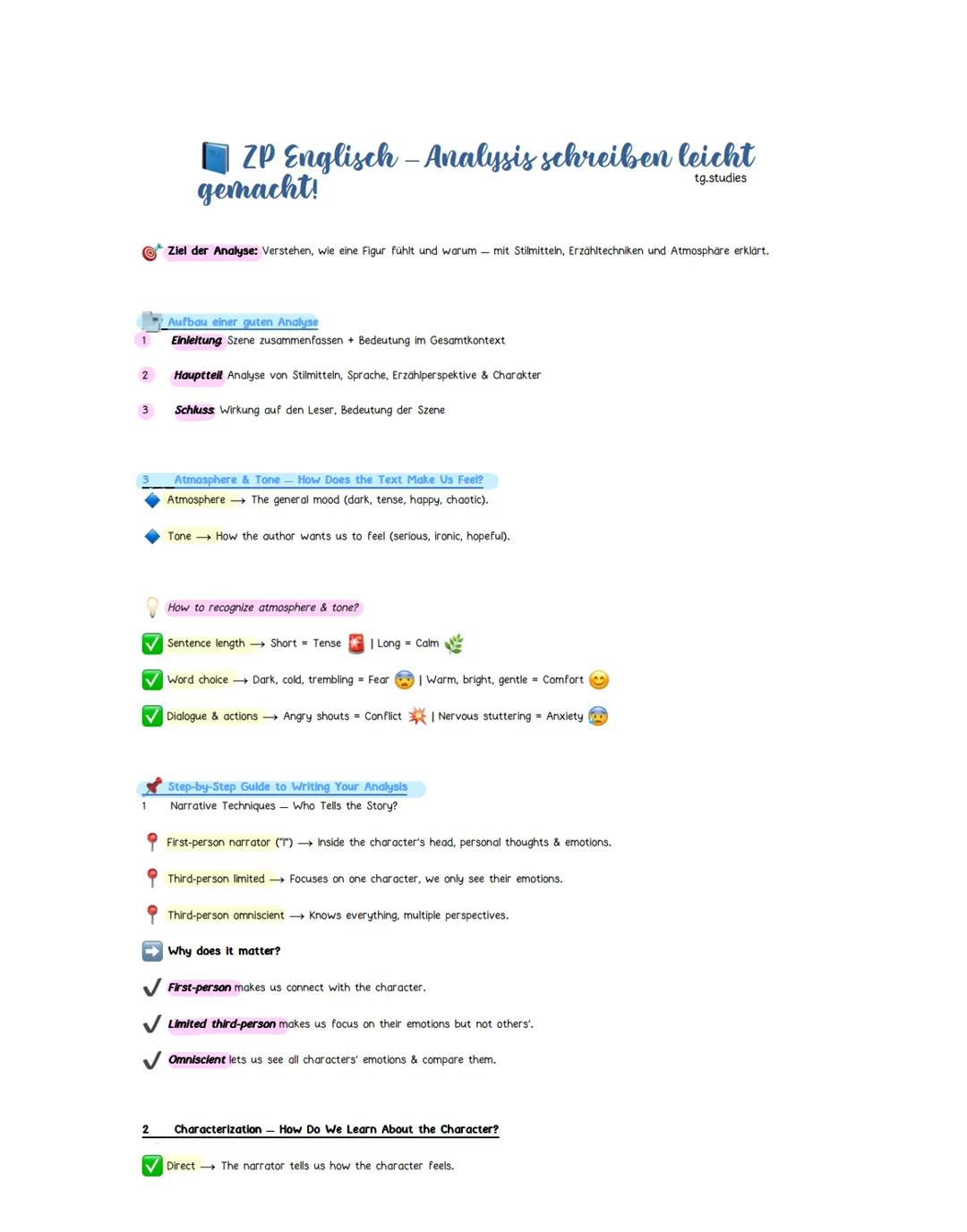 --- OCR Start ---
ZP Englisch - Analysis schreiben leicht
gemacht!
tg.studies
Ziel der Analyse: Verstehen, wie eine Figur fühlt und warum -