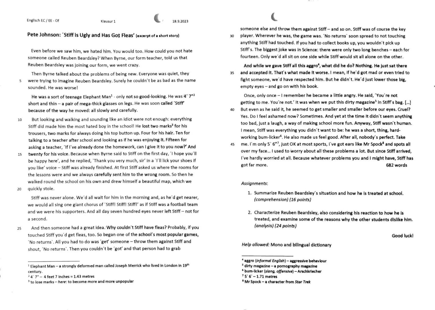 ! 
Fach
Nam
Datu
1
English Exam 1.
The excerpt of the short story
"Stiff is Ugly and has got Fleas",
written by Pete Johnson, is henne est e