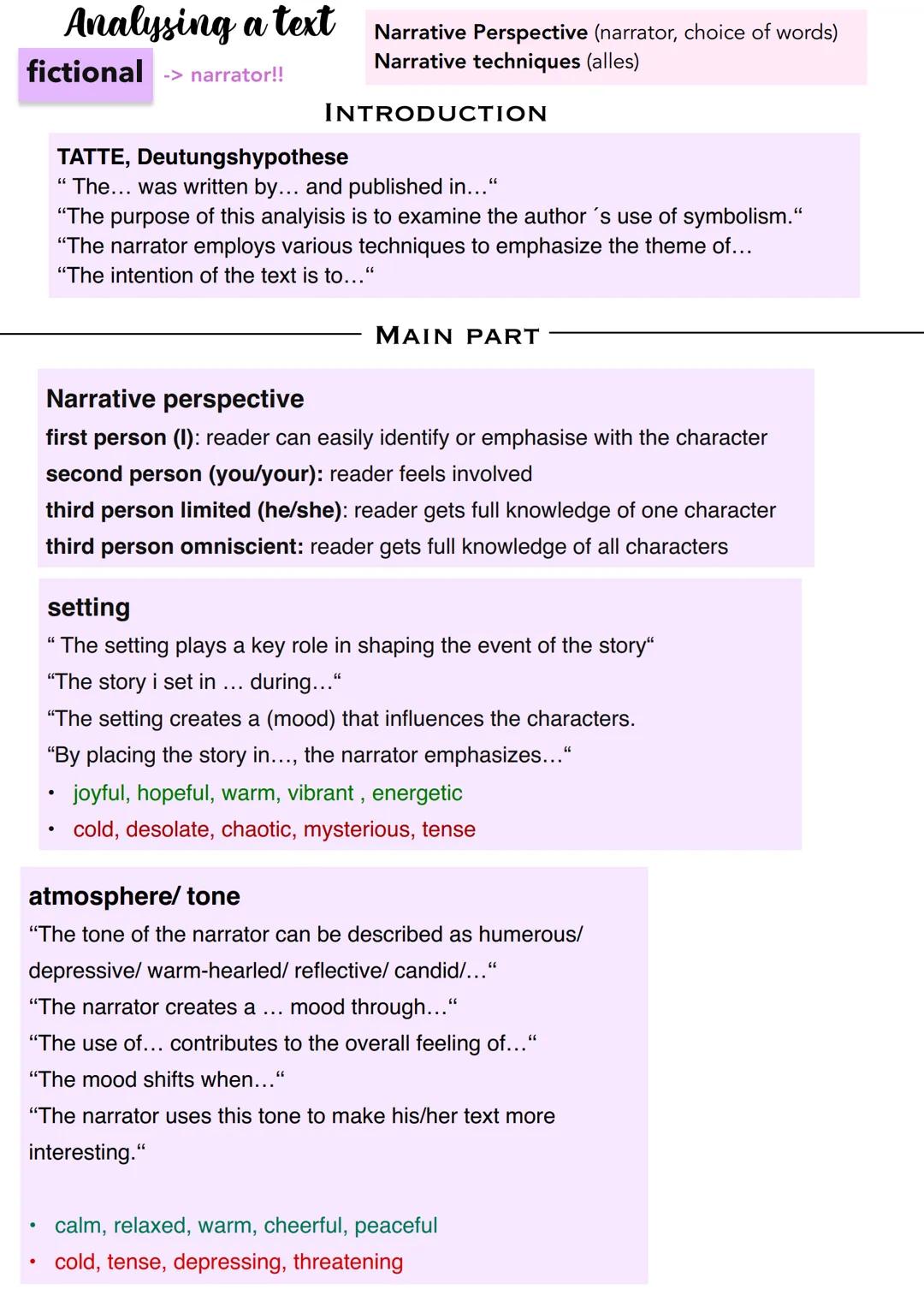 --- OCR Start ---
Analysing a text
fictional
-> narrator!!
Narrative Perspective (narrator, choice of words)
Narrative techniques (alles)
IN