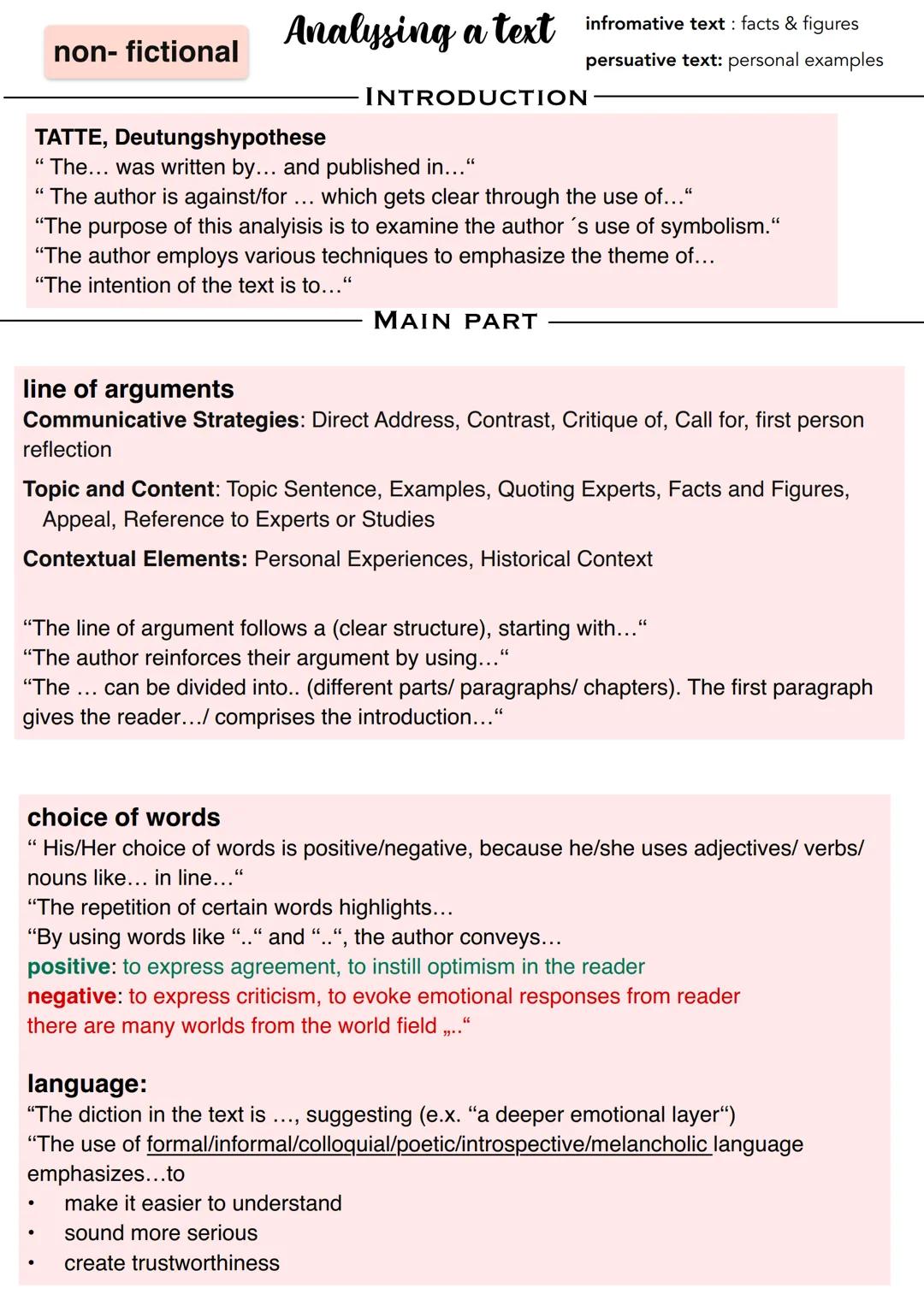 --- OCR Start ---
non-fictional
Analysing a text
infromative text: facts & figures
persuative text: personal examples
INTRODUCTION
TATTE, De