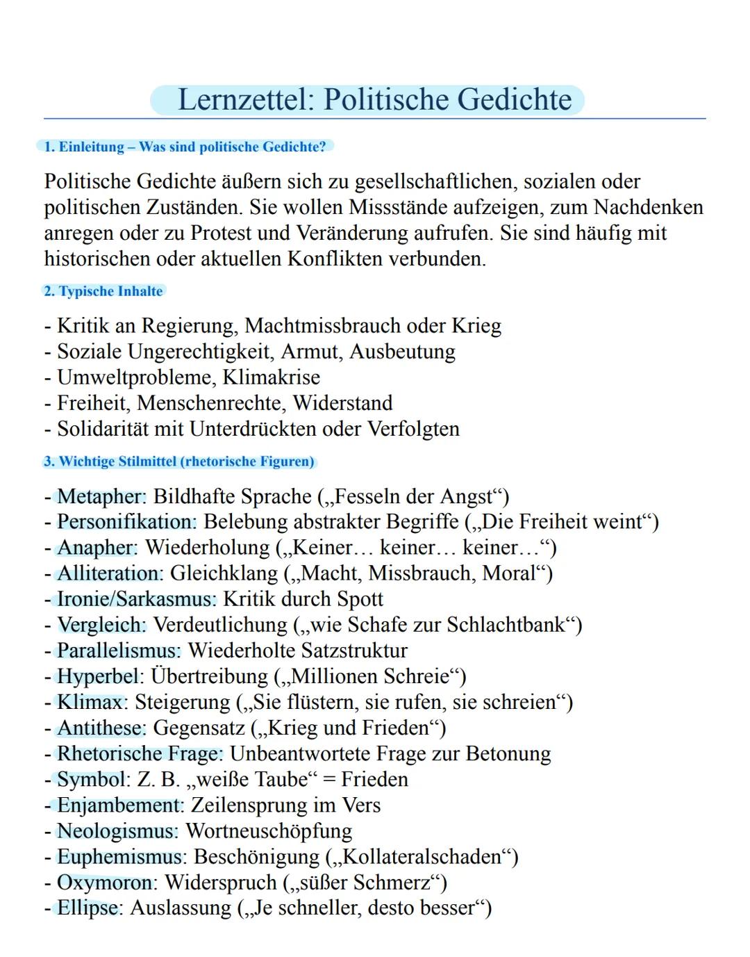 Lernzettel Deutsch Politische Lyrik ZK11