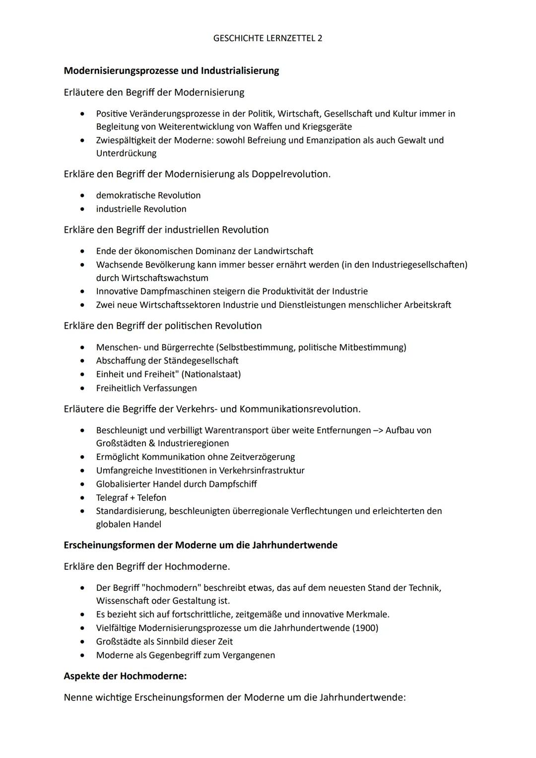 GESCHICHTE LERNZETTEL 2
Modernisierungsprozesse und Industrialisierung
Erläutere den Begriff der Modernisierung
* Positive Veränderungsproze