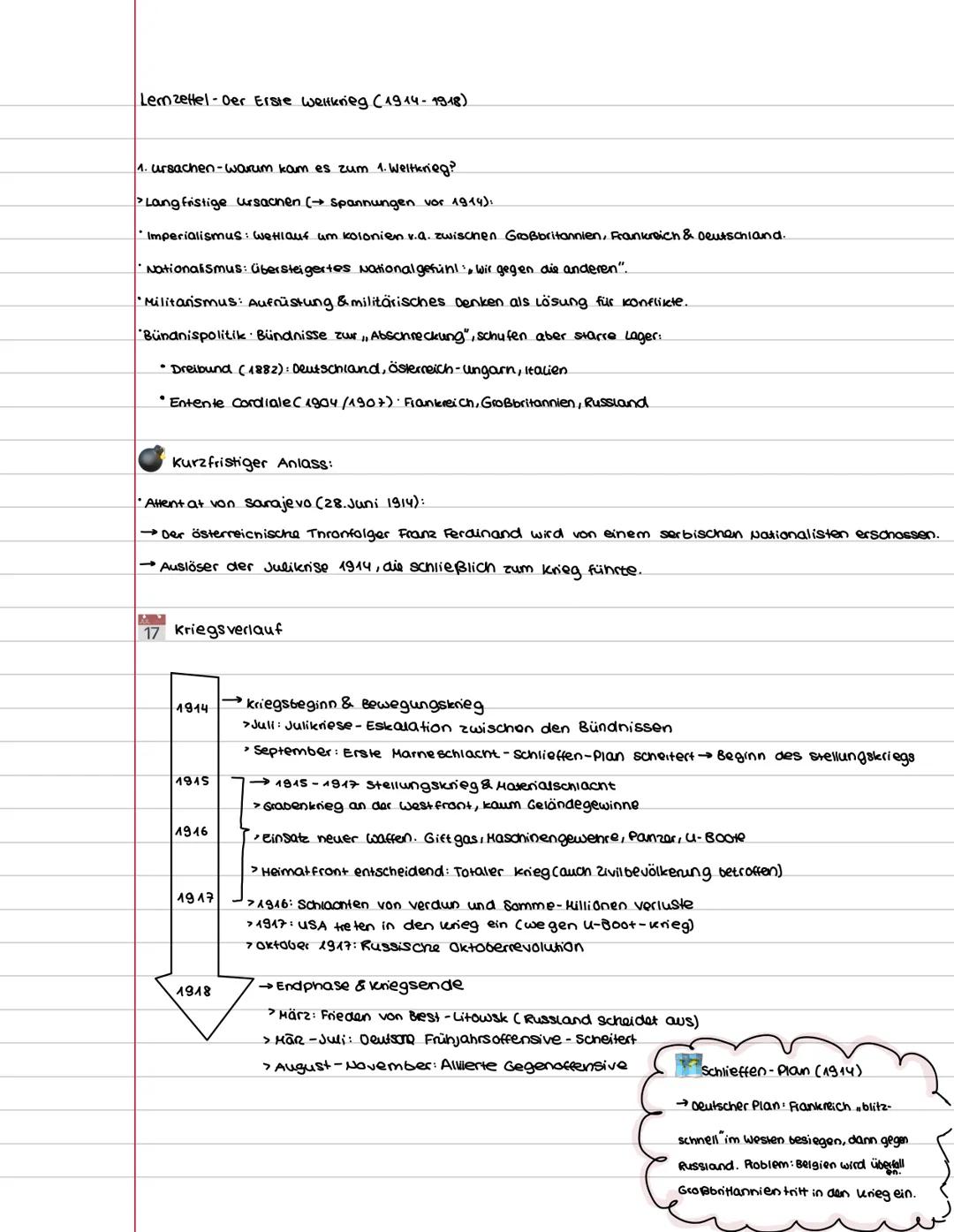 # Lernzettel: Der Erste Weltkrieg (1914 - 1918)
1. Ursachen- warum kam es zum 1. Weltkrieg?
* Langfristige Ursachen (+ Spannungen vor 1914