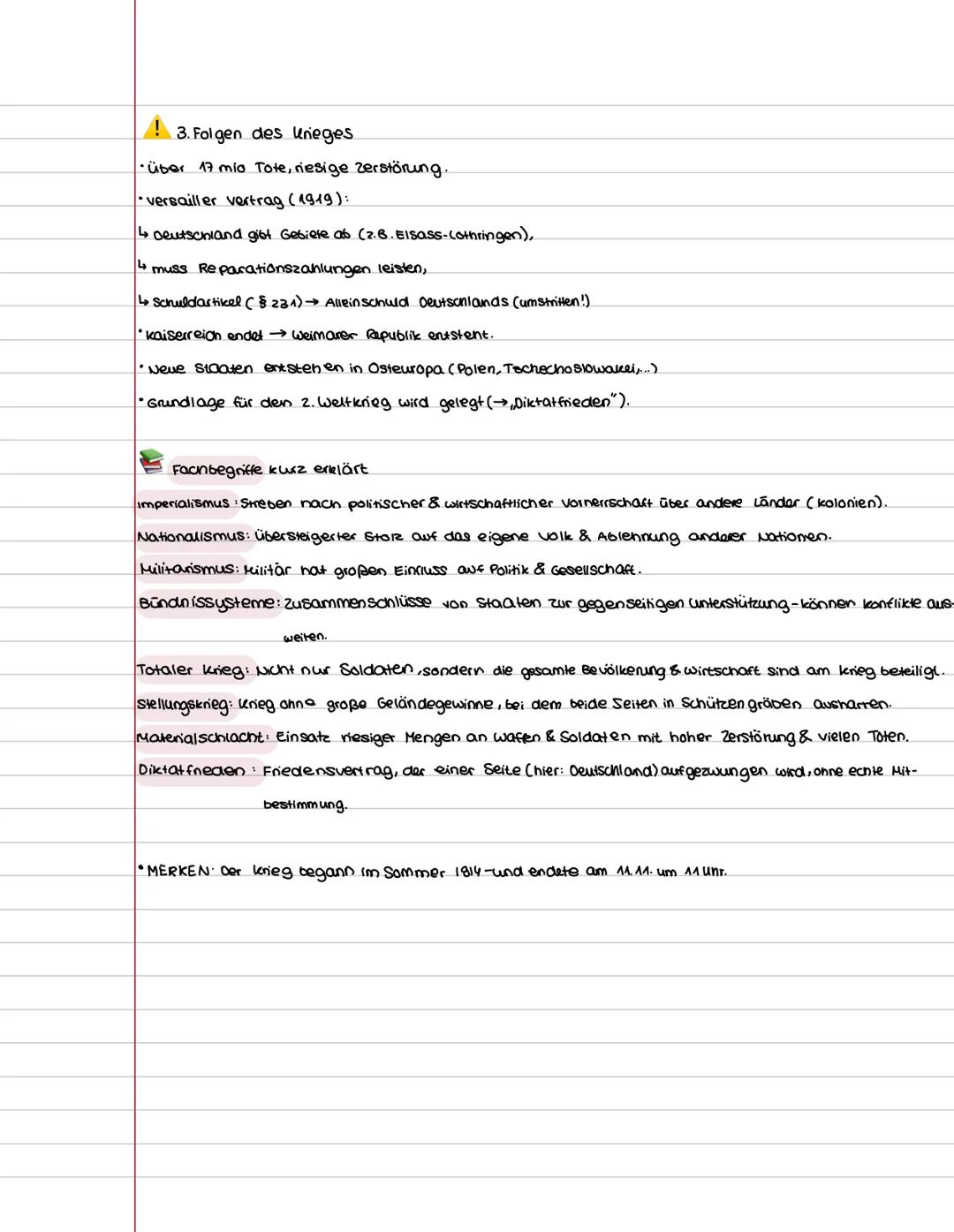 # Lernzettel: Der Erste Weltkrieg (1914 - 1918)
1. Ursachen- warum kam es zum 1. Weltkrieg?
* Langfristige Ursachen (+ Spannungen vor 1914