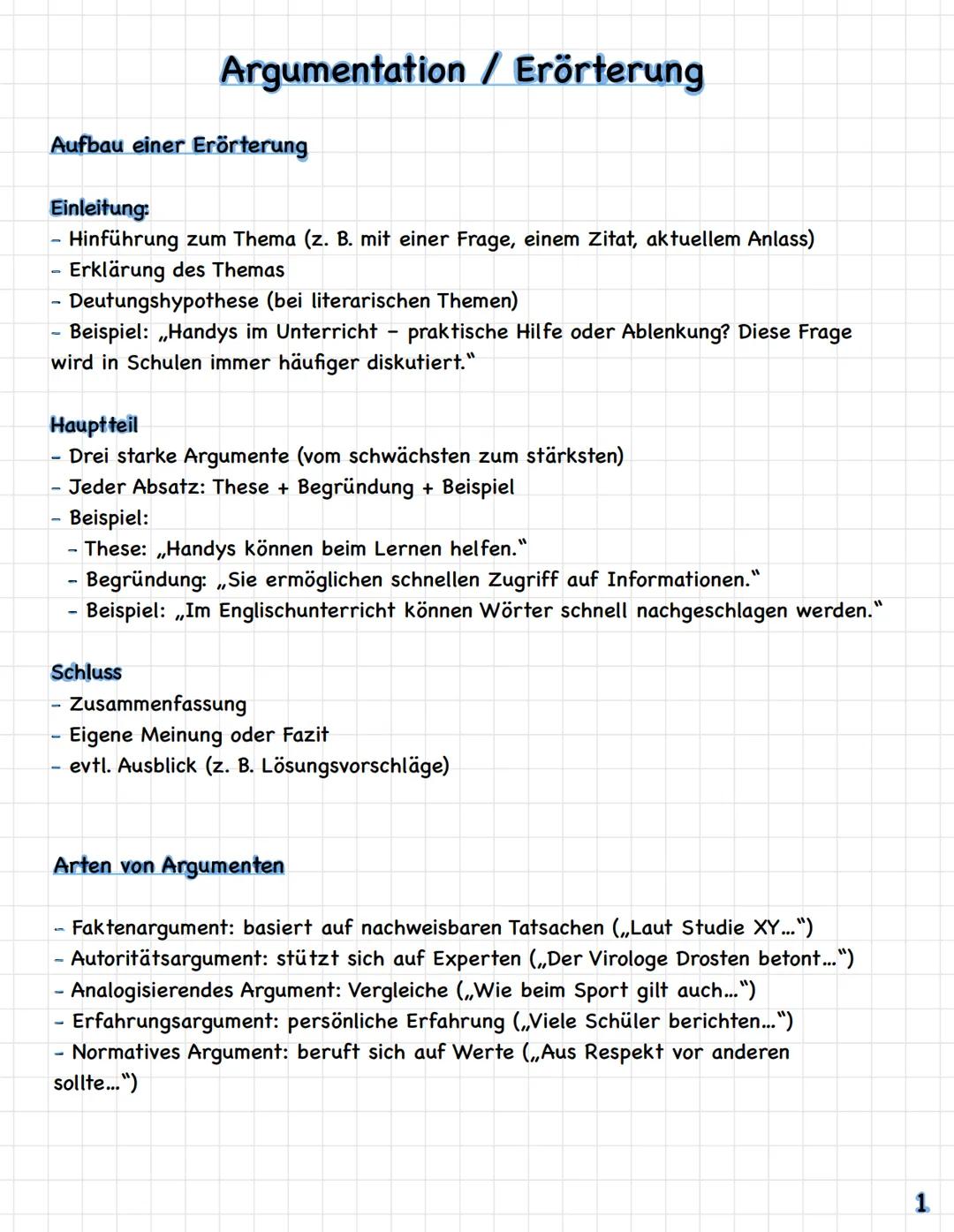 Argumentation / Erörterung
Aufbau einer Erörterung
Einleitung:
- Hinführung zum Thema (z. B. mit einer Frage, einem Zitat, aktuellem Anlass)