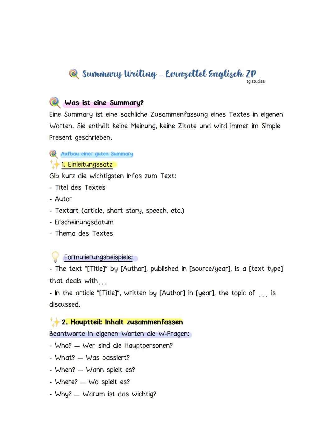 Summary Writing - Lernzettel Englisch ZP
Was ist eine Summary?
tg.studies
Eine Summary ist eine sachliche Zusammenfassung eines Textes in ei