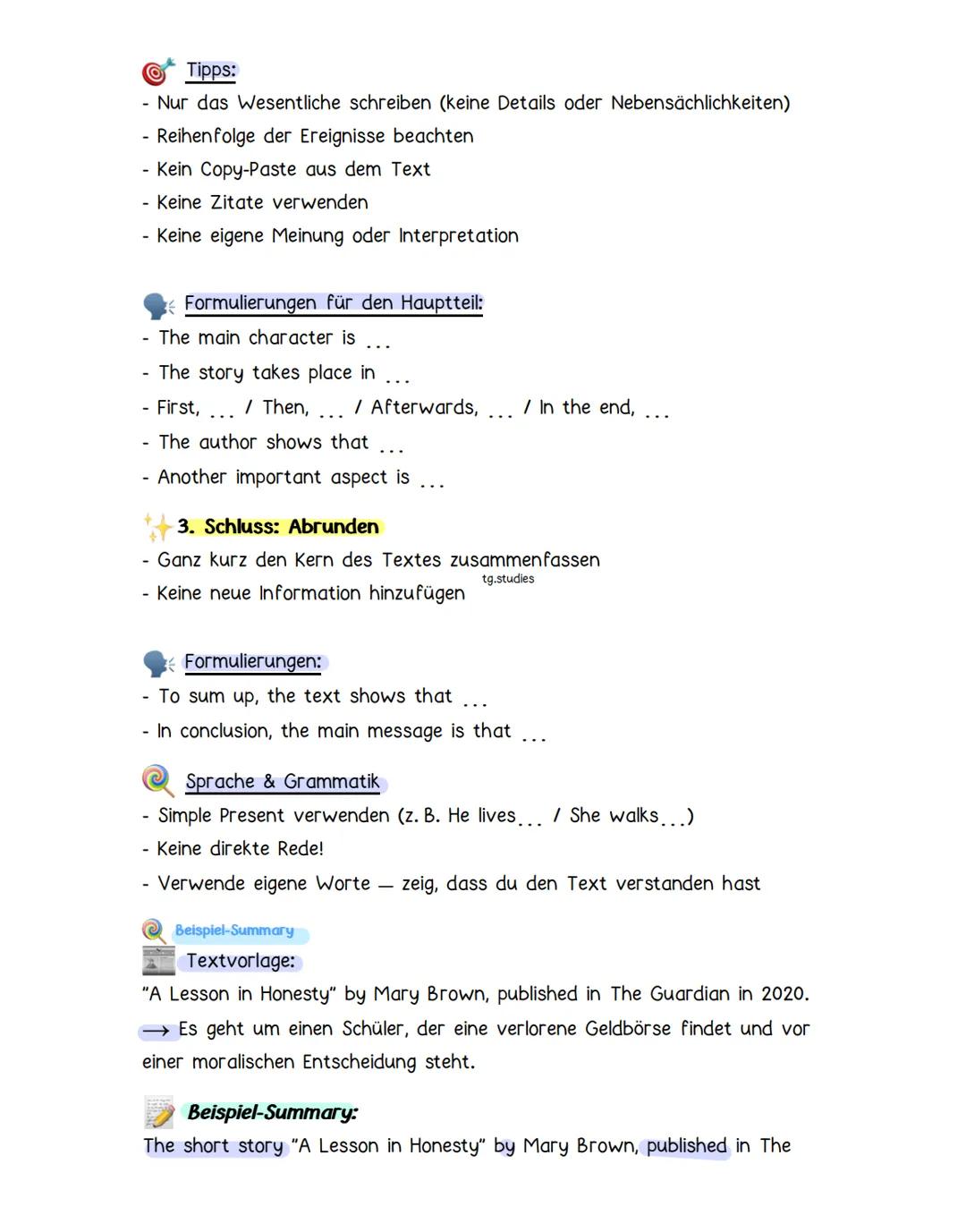 Summary Writing - Lernzettel Englisch ZP
Was ist eine Summary?
tg.studies
Eine Summary ist eine sachliche Zusammenfassung eines Textes in ei