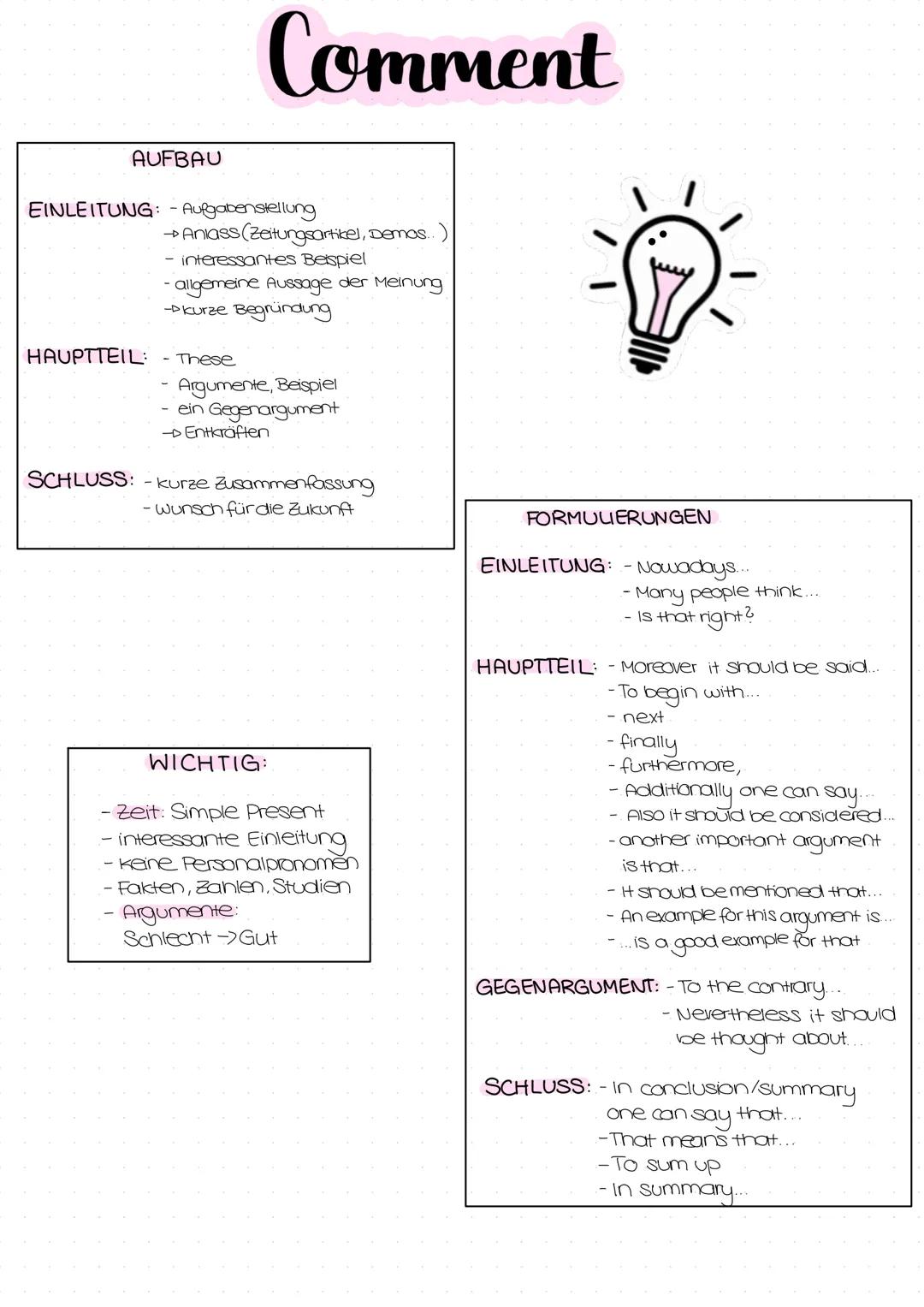 AUFBAU
Comment
EINLEITUNG: Aufgabenstellung
→→Anlass (Zeitungsartikel, Demos..)
interessantes Beispiel
- allgemeine Aussage der Meinung
-kur