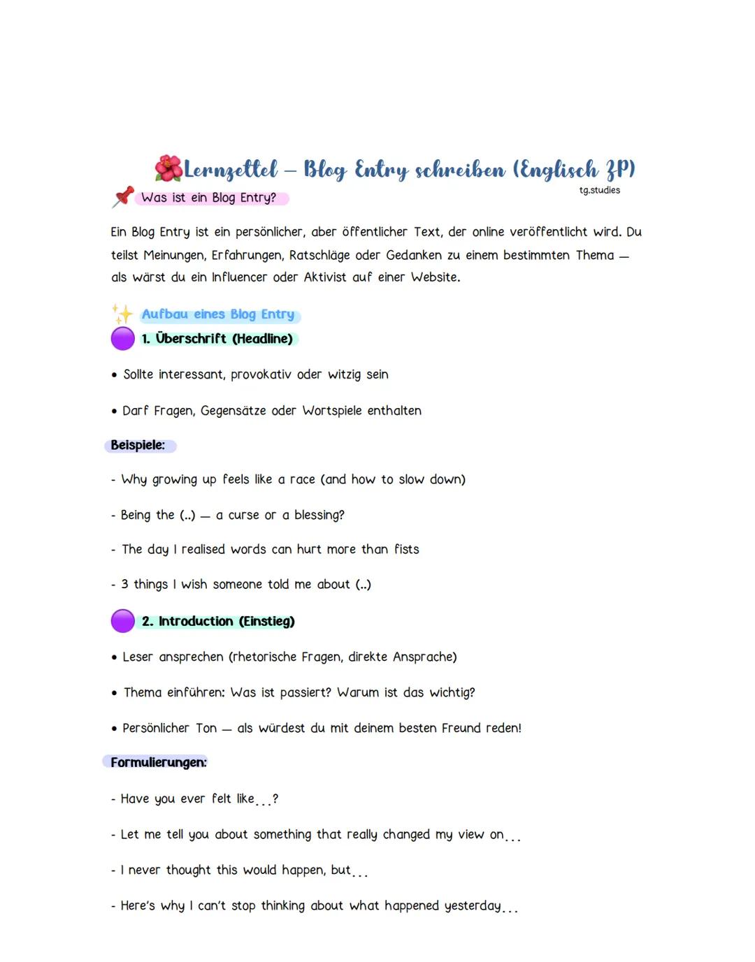 Lernzettel - Blog Entry schreiben (Englisch 3P)
Was ist ein Blog Entry?
tg.studies
Ein Blog Entry ist ein persönlicher, aber öffentlicher Te