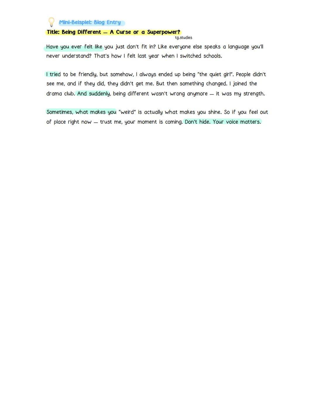 Lernzettel - Blog Entry schreiben (Englisch 3P)
Was ist ein Blog Entry?
tg.studies
Ein Blog Entry ist ein persönlicher, aber öffentlicher Te