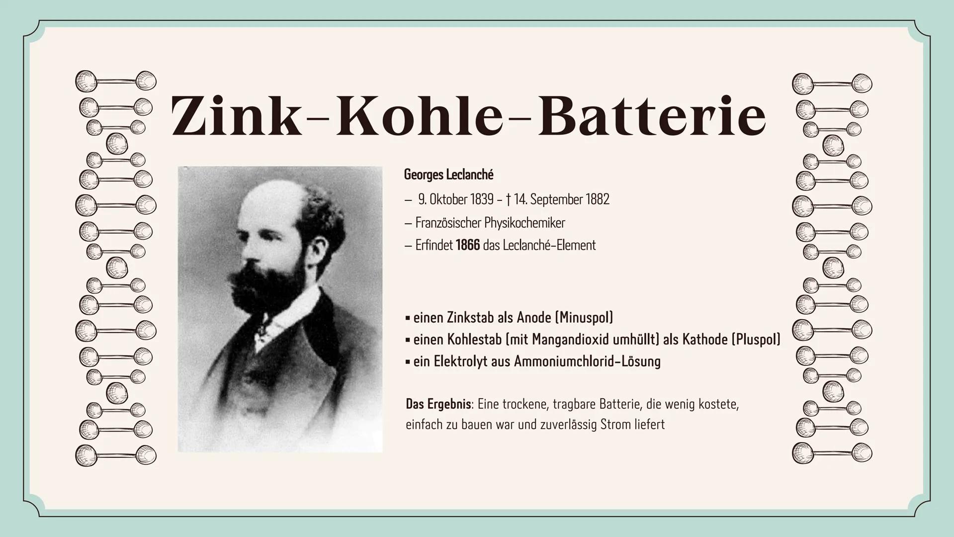 # ZINK - KOHLE
# BATTERIE Gliederung
- Einführung
- Aufbau
- Funktionsweise
- Vorteile/ Nachteile
- Alternativen
- Anwendung/ Bedeutung
- E