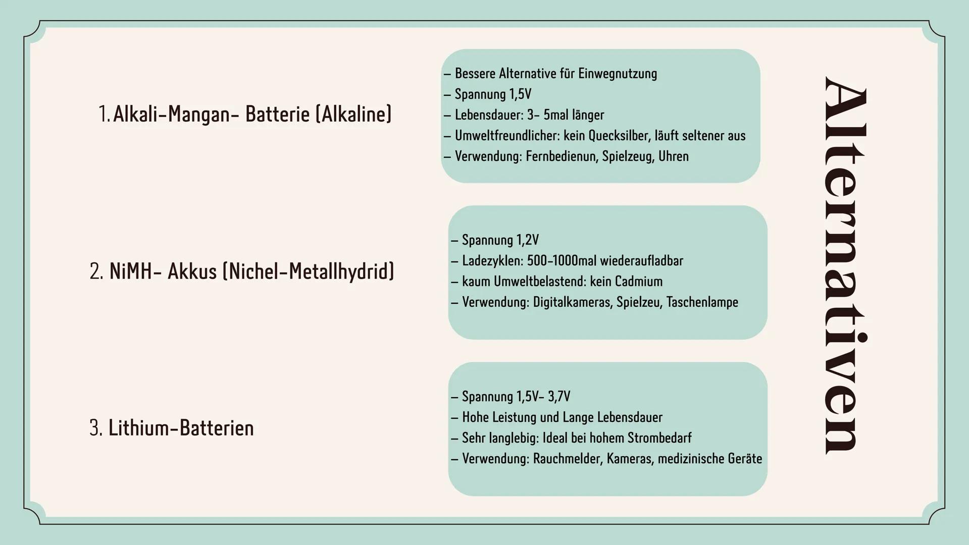 # ZINK - KOHLE
# BATTERIE Gliederung
- Einführung
- Aufbau
- Funktionsweise
- Vorteile/ Nachteile
- Alternativen
- Anwendung/ Bedeutung
- E