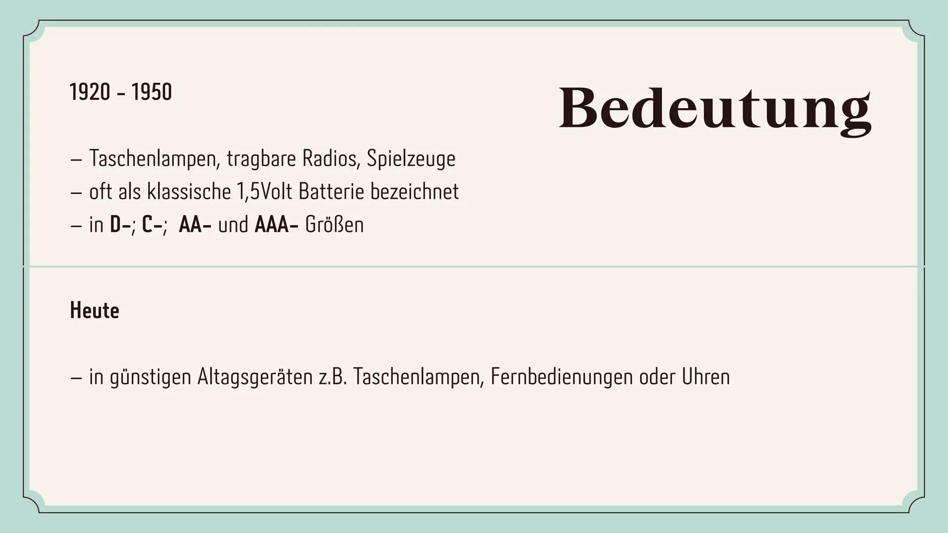 # ZINK - KOHLE
# BATTERIE Gliederung
- Einführung
- Aufbau
- Funktionsweise
- Vorteile/ Nachteile
- Alternativen
- Anwendung/ Bedeutung
- E