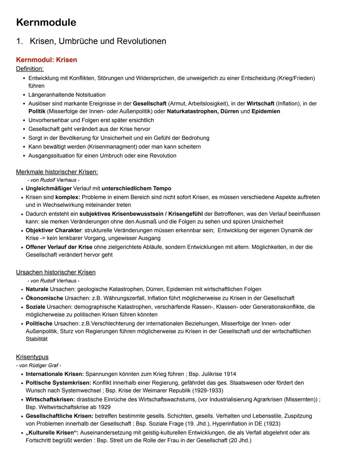 Kernmodule
1. Krisen, Umbrüche und Revolutionen
Kernmodul: Krisen
Definition:
Entwicklung mit Konflikten, Störungen und Widersprüchen, die u