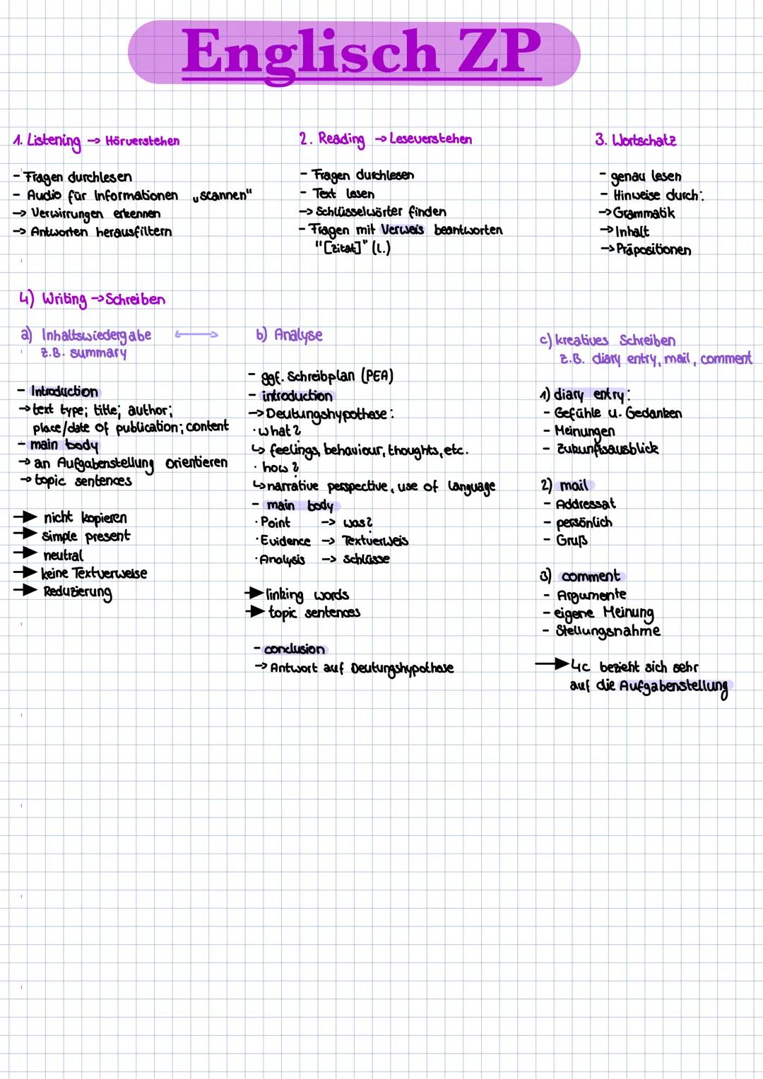 1. Listening → Hörverstehen
- Fragen durchlesen
Englisch ZP
Audio für Informationen "scannen"
→ Verwirrungen erkennen
→ Antworten herausfilt