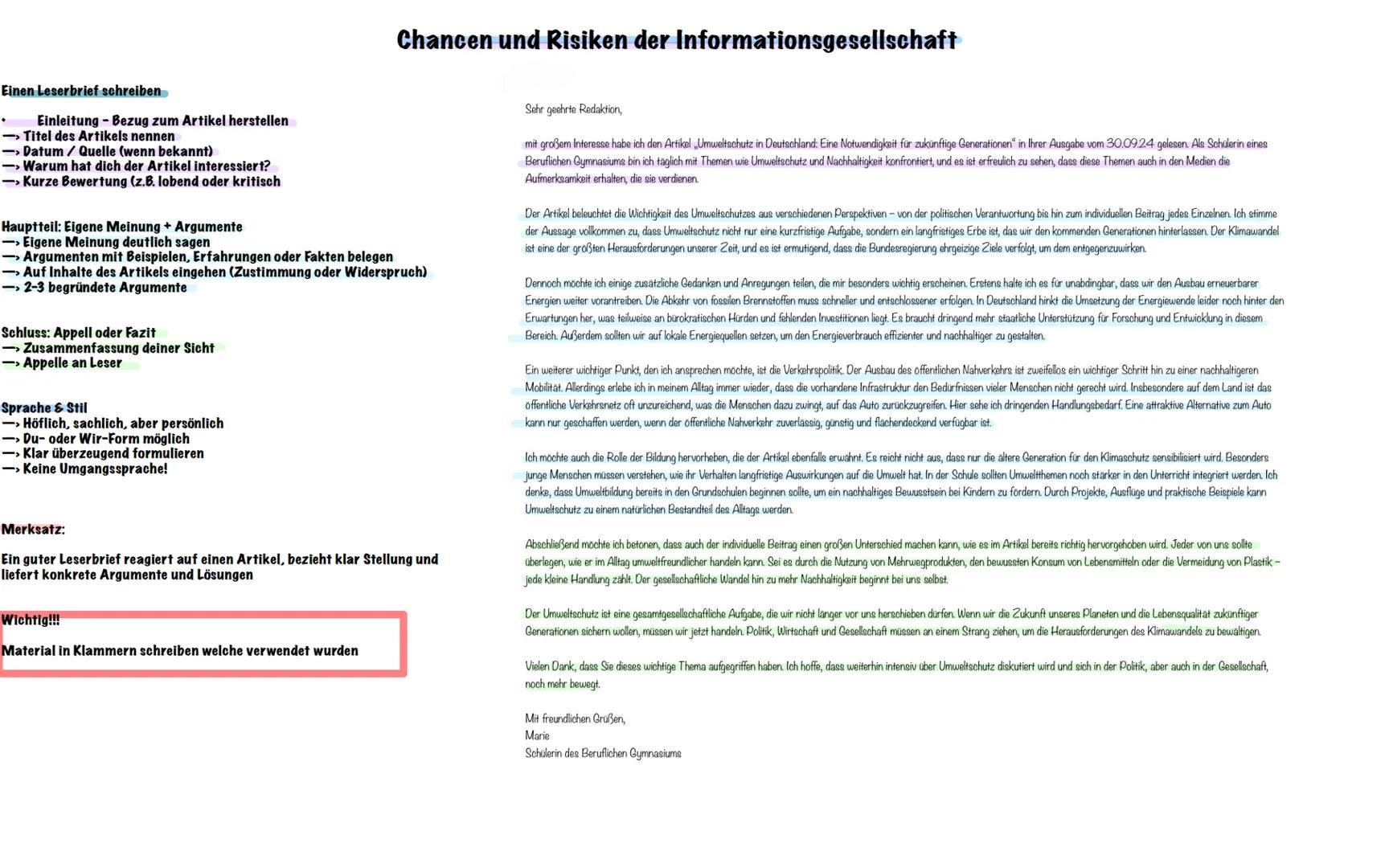 Chancen und Risiken der Informationsgesellschaft
Einen Leserbrief schreiben
- Einleitung - Bezug zum Artikel herstellen
→ Titel des Artikel