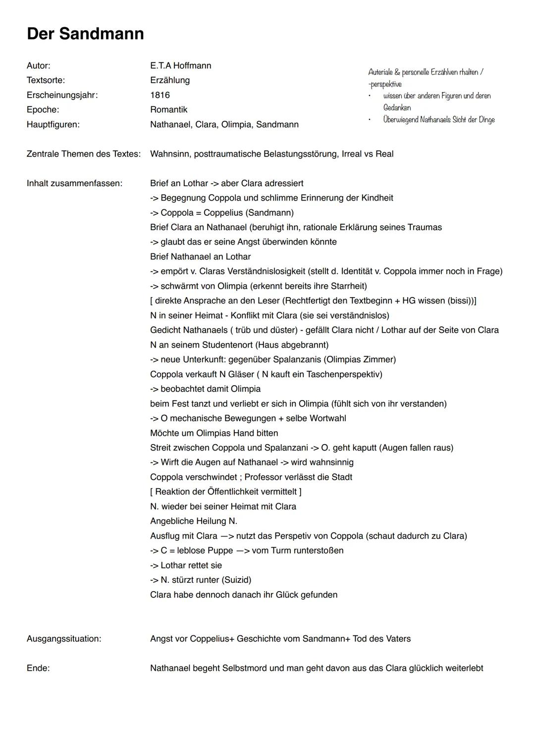 Der Sandmann
Autor:
Textsorte:
Erscheinungsjahr:
Epoche:
Hauptfiguren:
E.T.A Hoffmann
Erzählung
1816
Romantik
Nathanael, Clara, Olimpia, San
