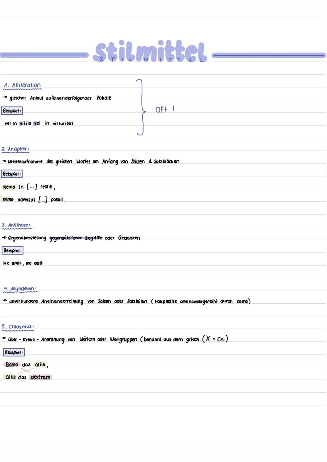 --- OCR Start ---
Stilmittel
1. Alliteration
gleicher Anlaut aufeinanderfolgender Vokale
Beispiel
vel in vitiis vel in virtulibus
Oft !
2. A