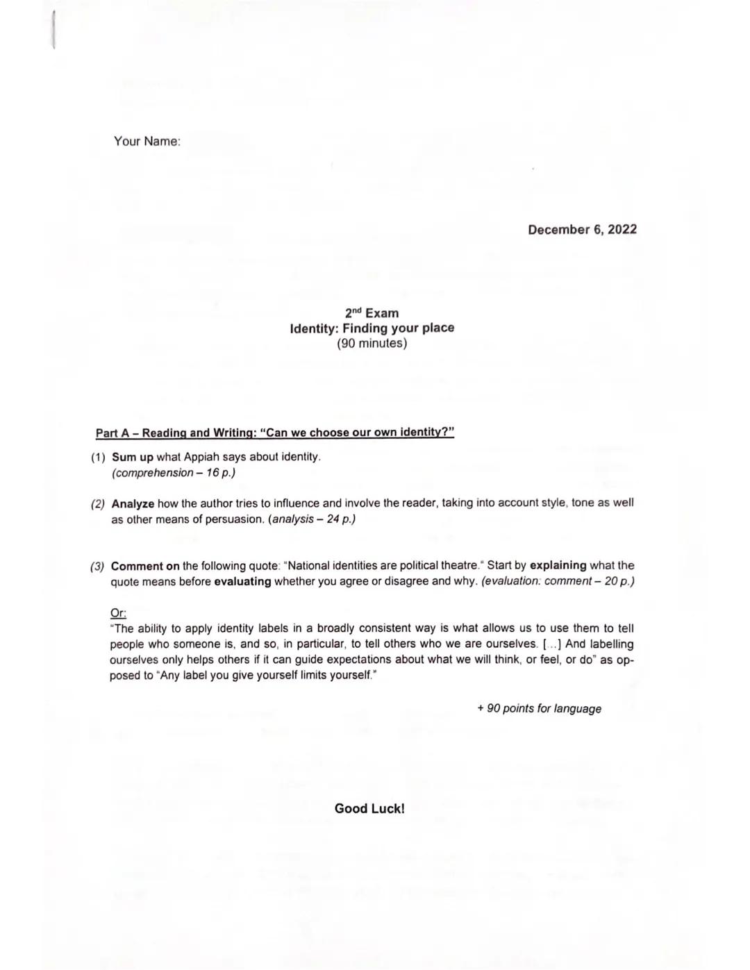 Englisch Klausur EF Identity